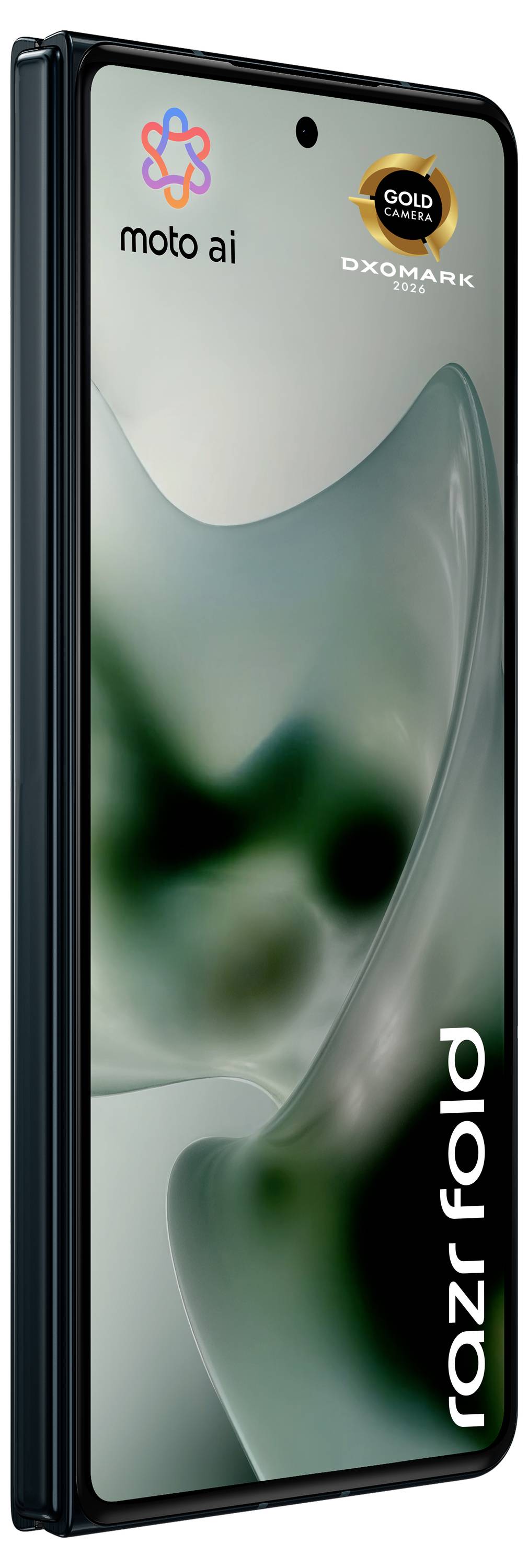 Moto AI Smartphone in Vorderansicht gezeigt, mit "razr"-Branding, goldenem Kamera-Award-Badge und beigefarbiger kreisförmiger Tapete auf dem Display.