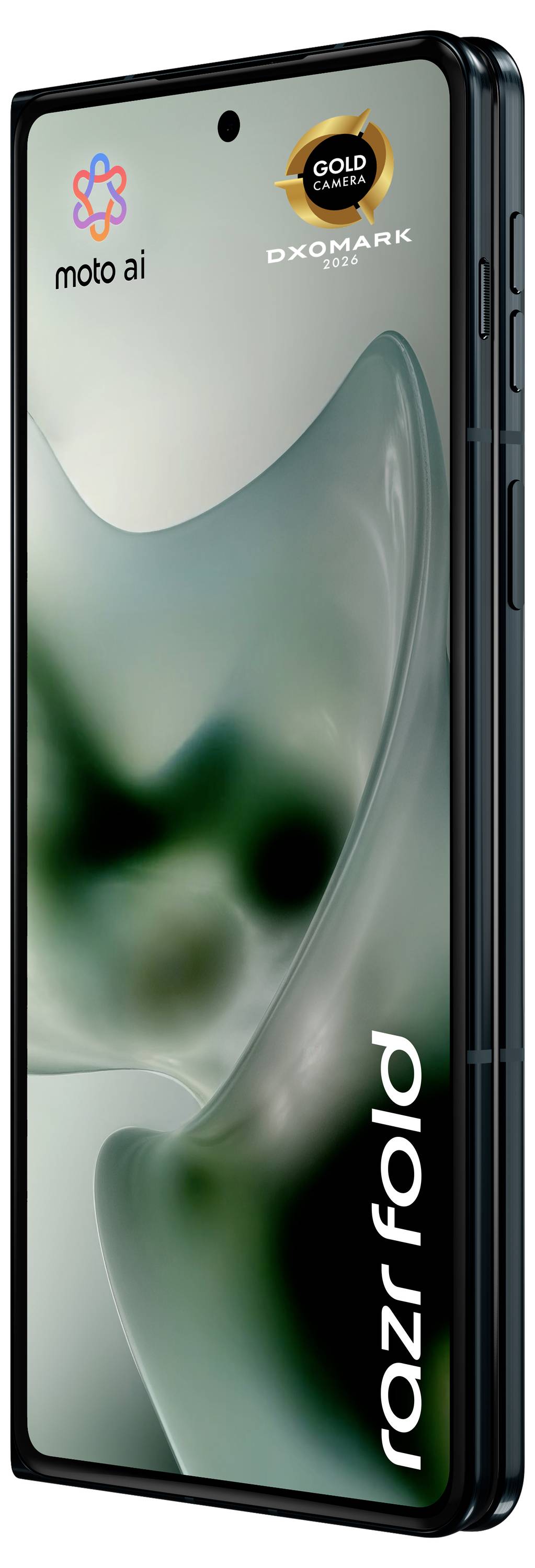 Motorola Razr Faltbares Smartphone aufgeklappt gezeigt, mit „moto ai" und „Gold Camera DXOMARK 2023" Abzeichen auf dem Display.