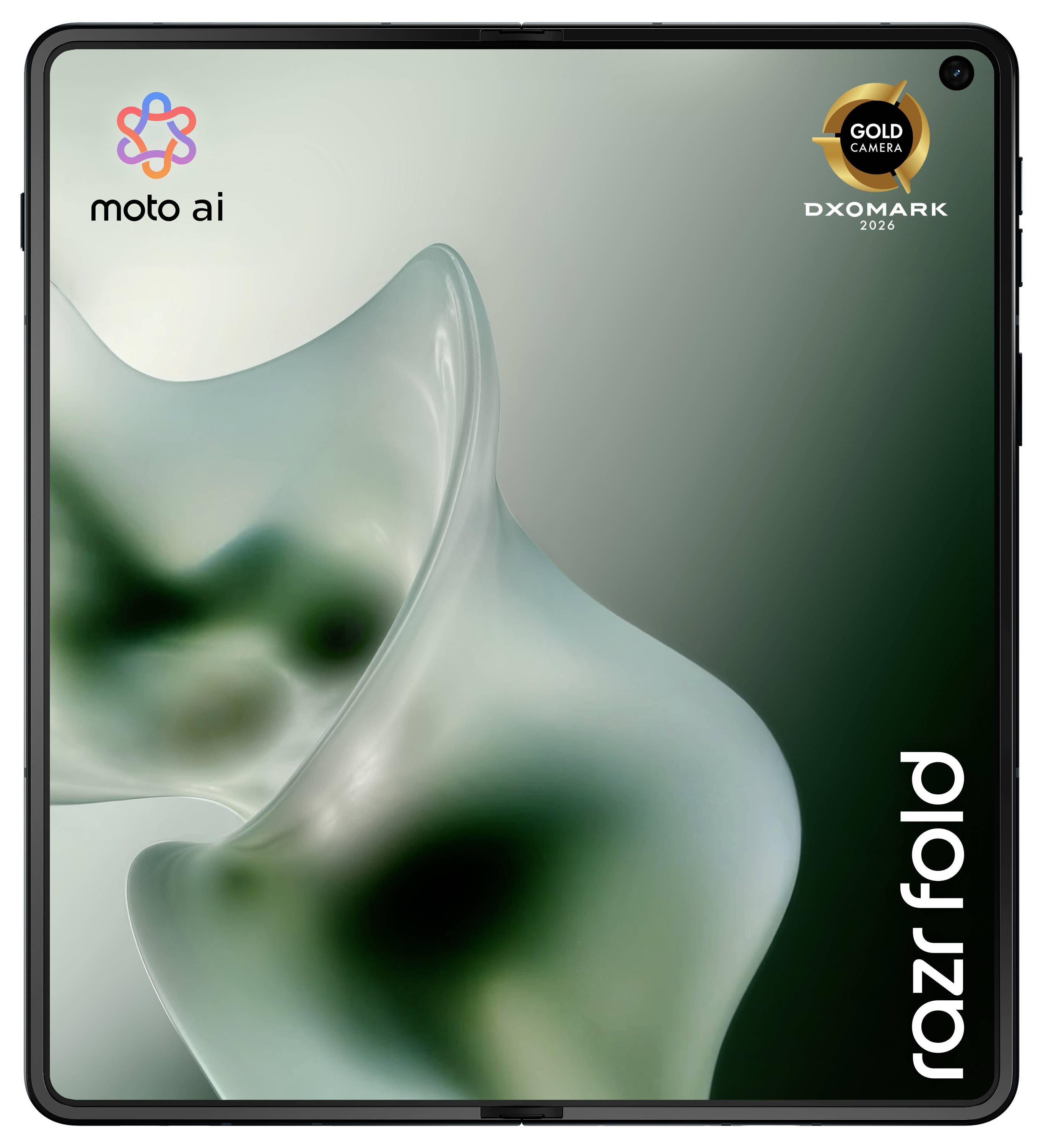 Motorola Razr Fold Smartphone mit Frontdisplay, das abstrakte grüne Tapete zeigt, mit "moto ai" Logo und "DXOMARK Gold Camera 2026" Auszeichnung.