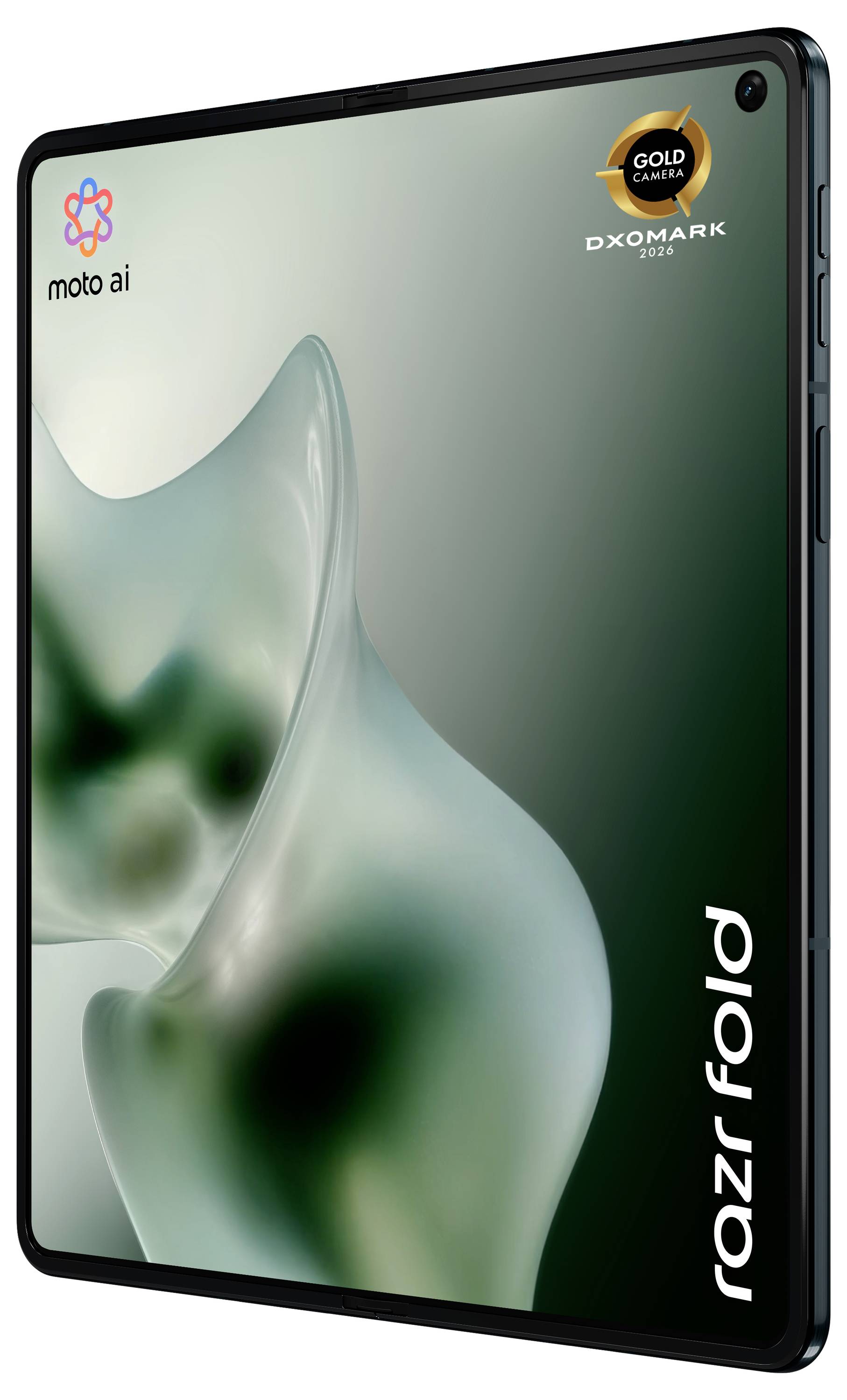 Motorola Razr Fold Telefon geschlossen in einer Winkelansicht dargestellt, mit "moto ai" und "razr fold" Branding und einem DXOMARK Gold Label auf dem Bildschirm.