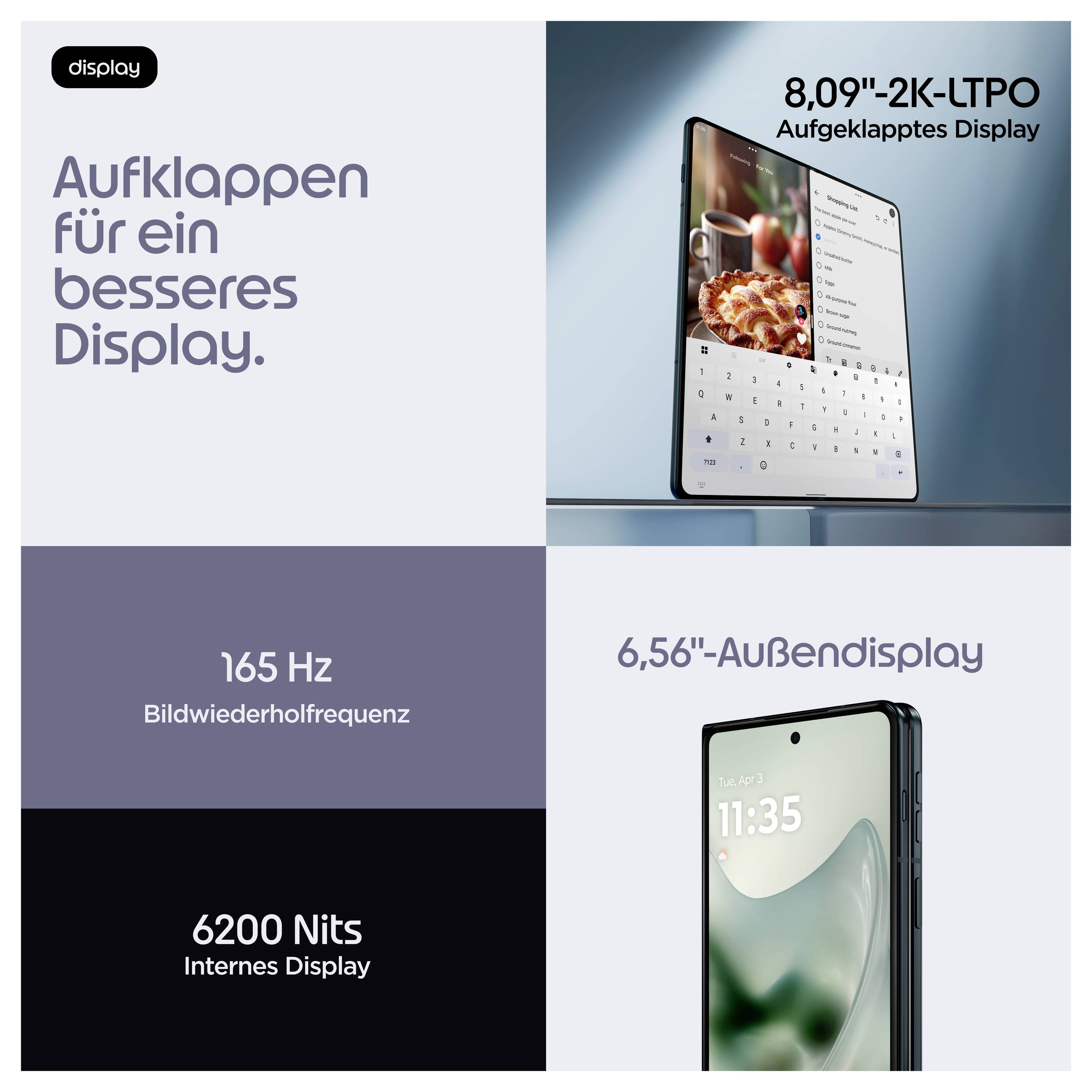Faltbares Smartphone-Display-Anzeige mit dem Text "Aufklappen für ein besseres Display" mit Spezifikationen: 8,09-Zoll-2K-LTPO-Innendisplay, 165 Hz, 6200 Nits und 6,56-Zoll-Außendisplay.