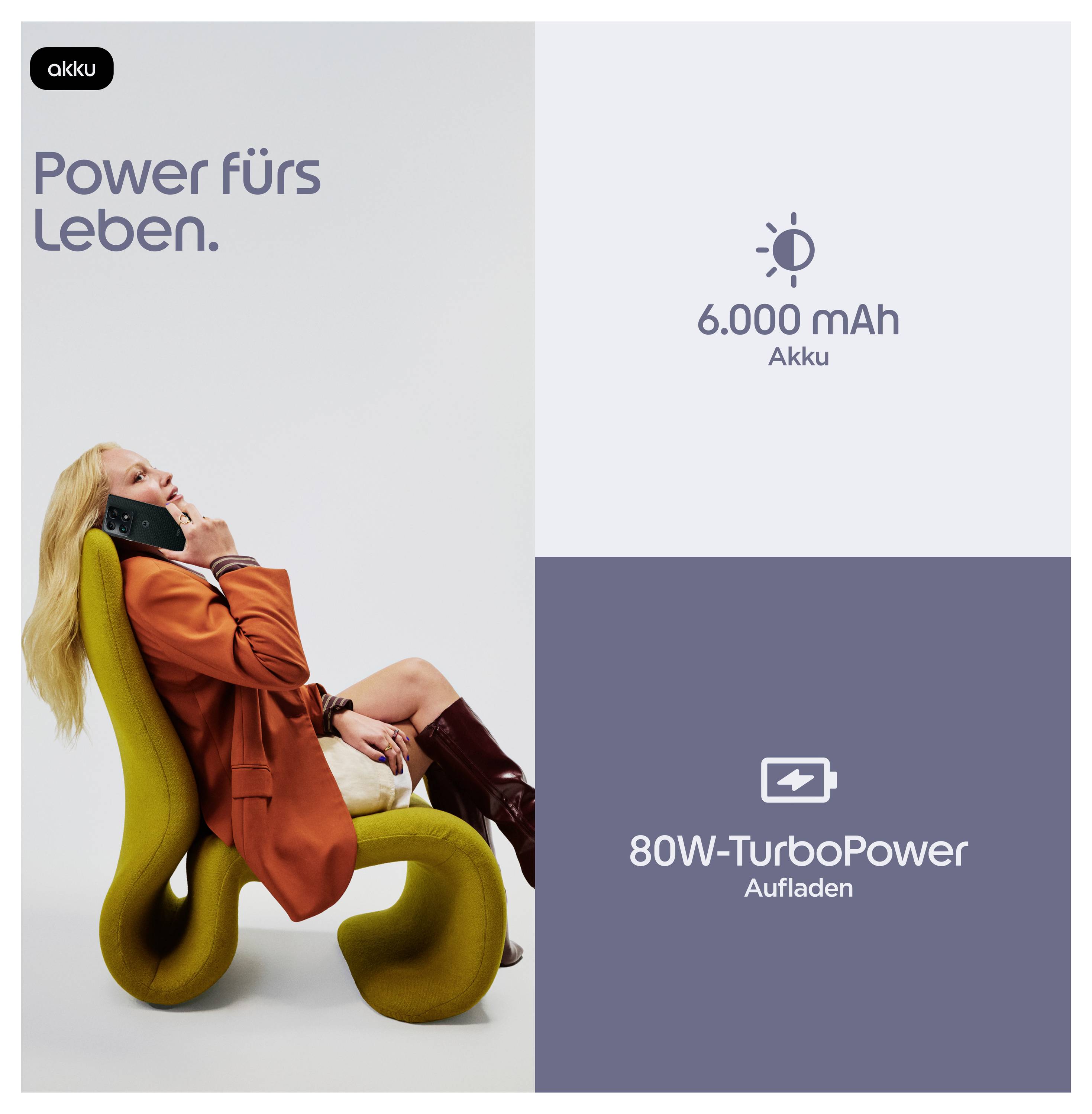 Akku-Werbeanzeige mit sitzender Frau auf Telefon; Text: 'Kraft fürs Leben.', '6.000 mAh Akku' und '80W-TurboPower Laden'.