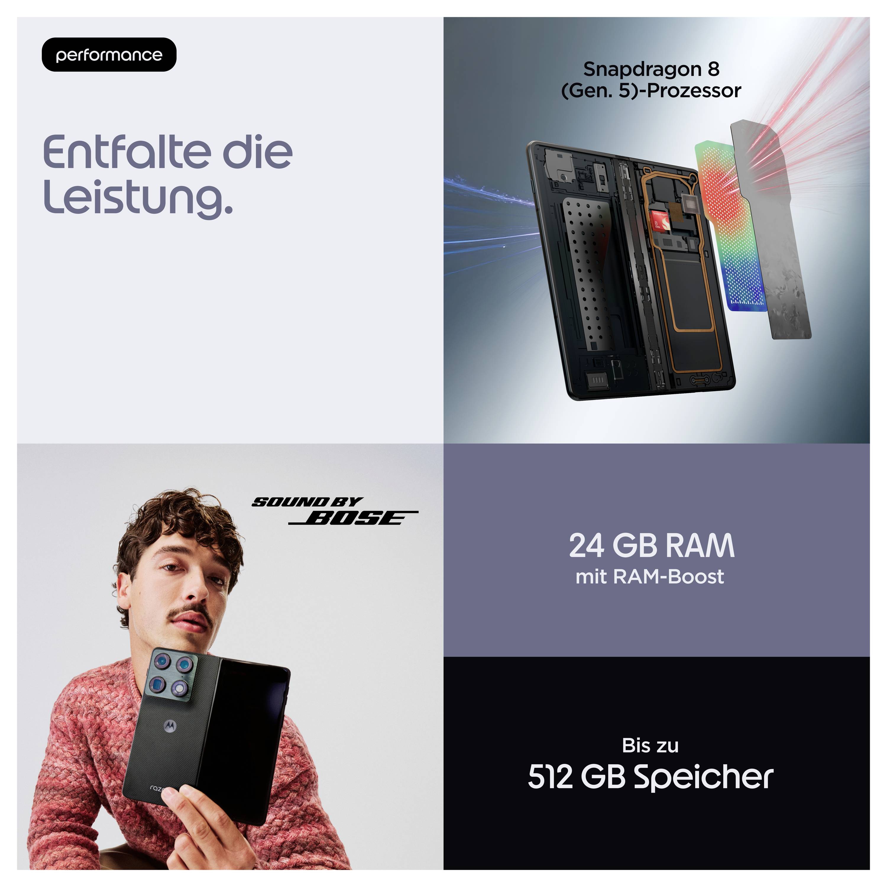 Telefon-Anzeige mit Leistungsfokus: Snapdragon 8 Gen 5 Prozessor, 24 GB RAM mit RAM-Boost, bis zu 512 GB Speicher und „Sound by Bose".