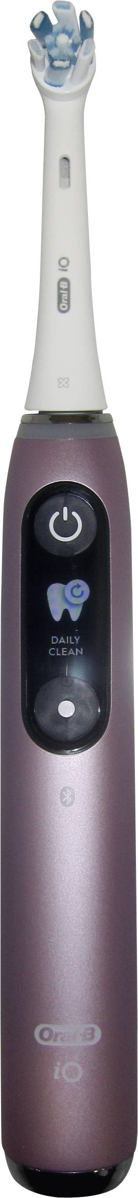 Elektrische Zahnbürste mit weißem Bürstenkopf und violettem Griff, zeigt Stromversorgung, Putzmodus und Timer-Anzeigen.