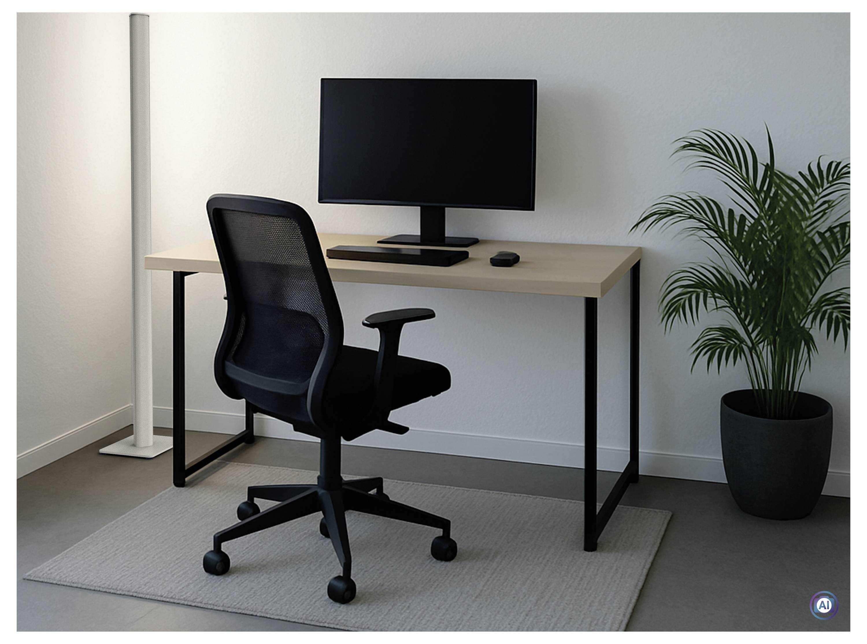 Ein ruhiges Homeoffice mit einem Laptop auf einem Holzschreibtisch, Stuhl, Wanduhr, Pflanze, Lampe, Fensterrollos und Sessel.