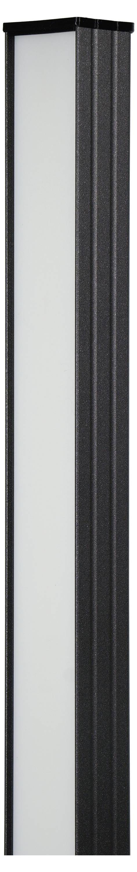 Modernes Besprechungszimmer mit rechteckigem Tisch, vier Stühlen, an der Wand montiertem Fernseher und Stehleuchte vor Beton- und weißen Wänden.