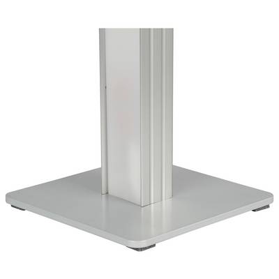 Nahaufnahme eines Metallständersockels mit quadratischer Plattform und zentralem vertikalem Stützpfosten.