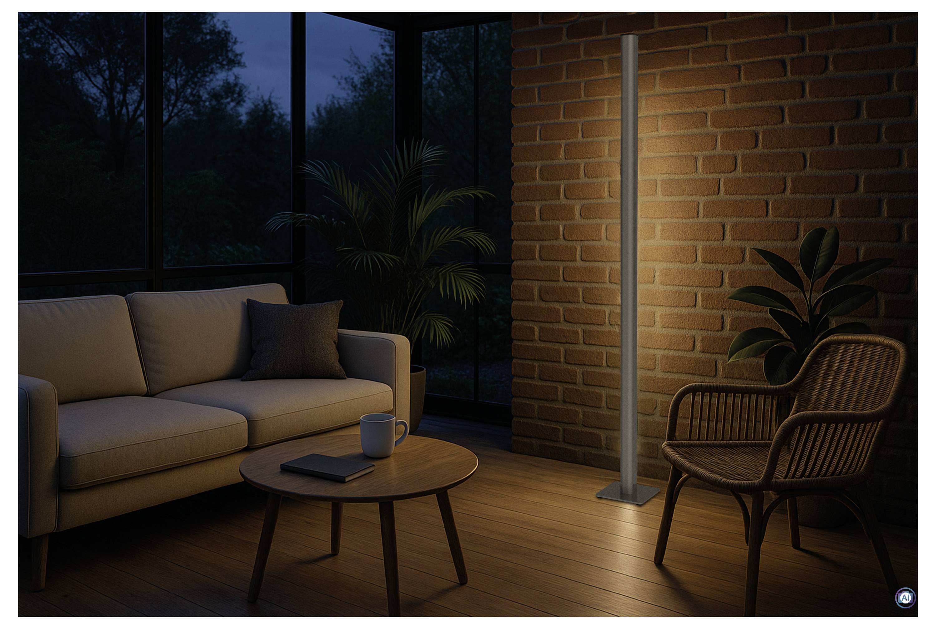 Modernes Wohnzimmer bei Nacht mit Sofa, Couchtisch, Stehleuchte und Korbsessel vor einer Backsteinmauer und großen Fenstern.
