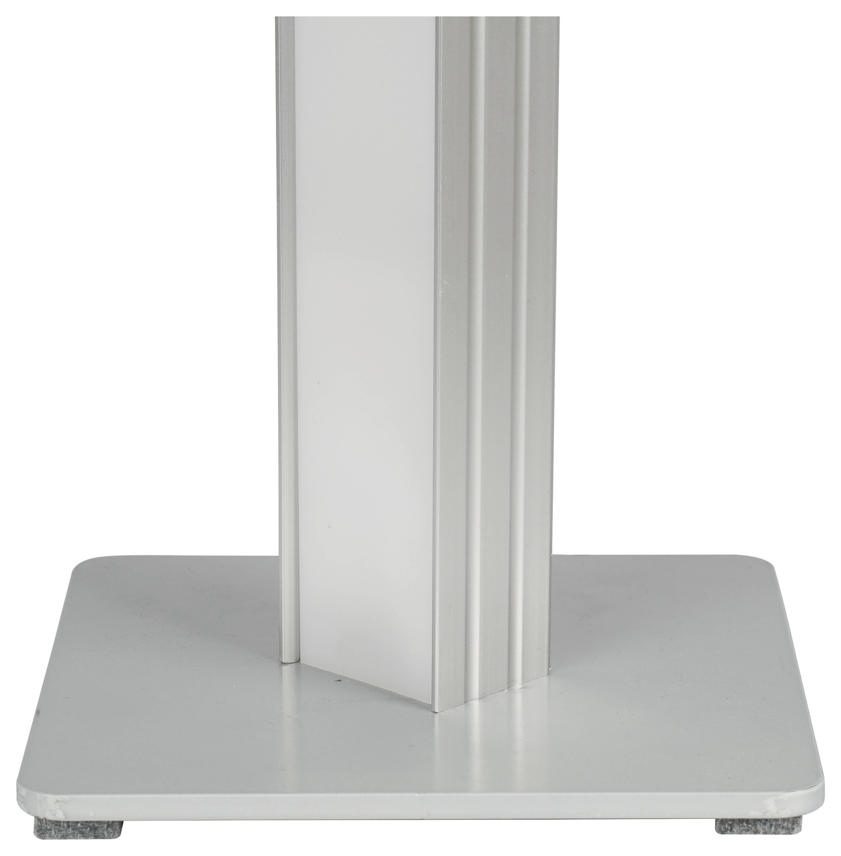 Nahaufnahme eines Metallschildes oder einer Anzeigetafel mit quadratischer silberner Basis und vertikalem Aluminiumpfosten, isoliert auf weißem Hintergrund.