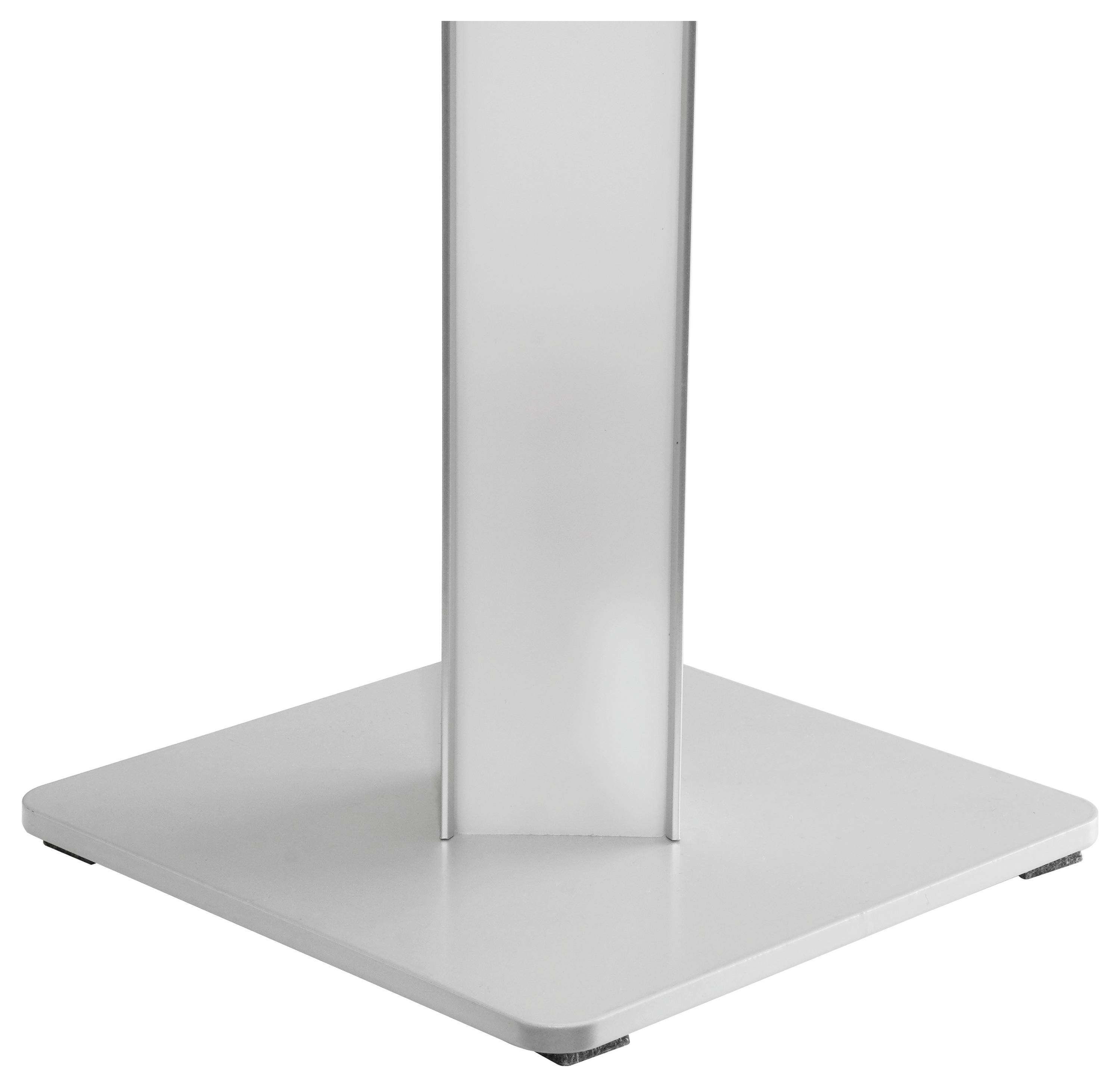 Hoher silberner vertikaler Aluminiumpfosten mit schwarzer Oberkappung, vor einem schlichten Hintergrund dargestellt.