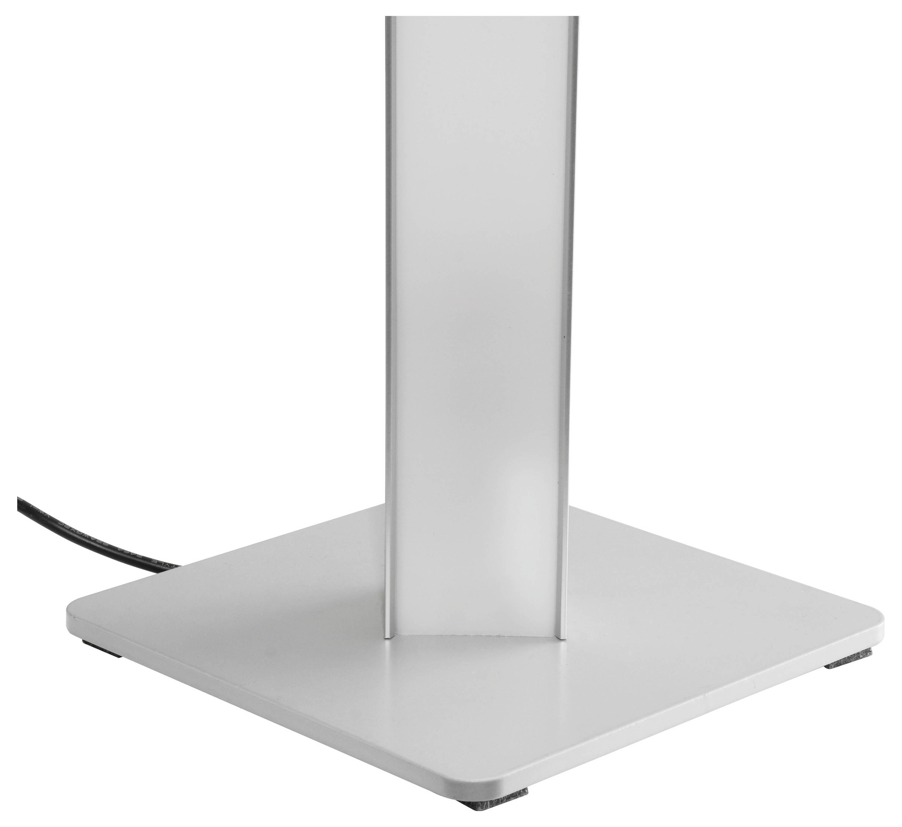 Nahaufnahme einer silbernen Metallstandbasis mit einer vertikalen Stützstütze und einem schwarzen Stromkabel auf weißem Hintergrund.