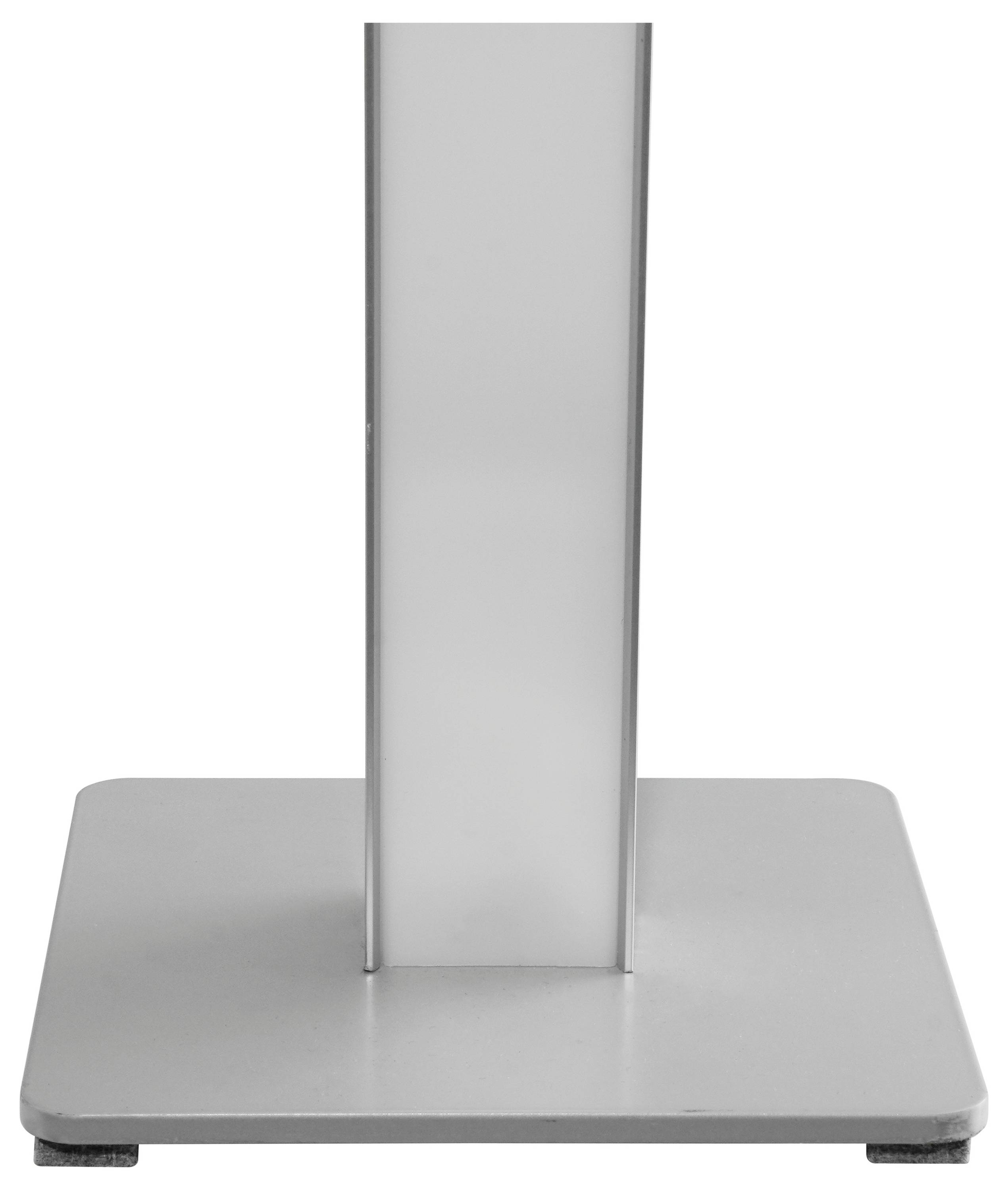 Silbernes Metall-Pedestal-Tischgestell mit quadratischem flachen Fuß und vertikalem Stützpfeiler, auf weißem Hintergrund dargestellt.