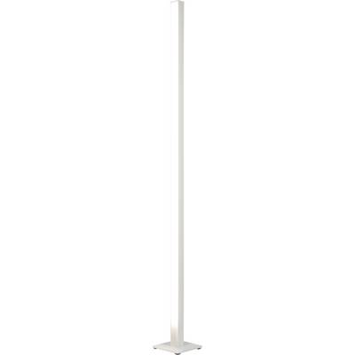 Hochwertige weiße minimalistische Stehleuchte mit einem schmalen rechteckigen Leuchtstreifen auf kleiner quadratischer Basis.
