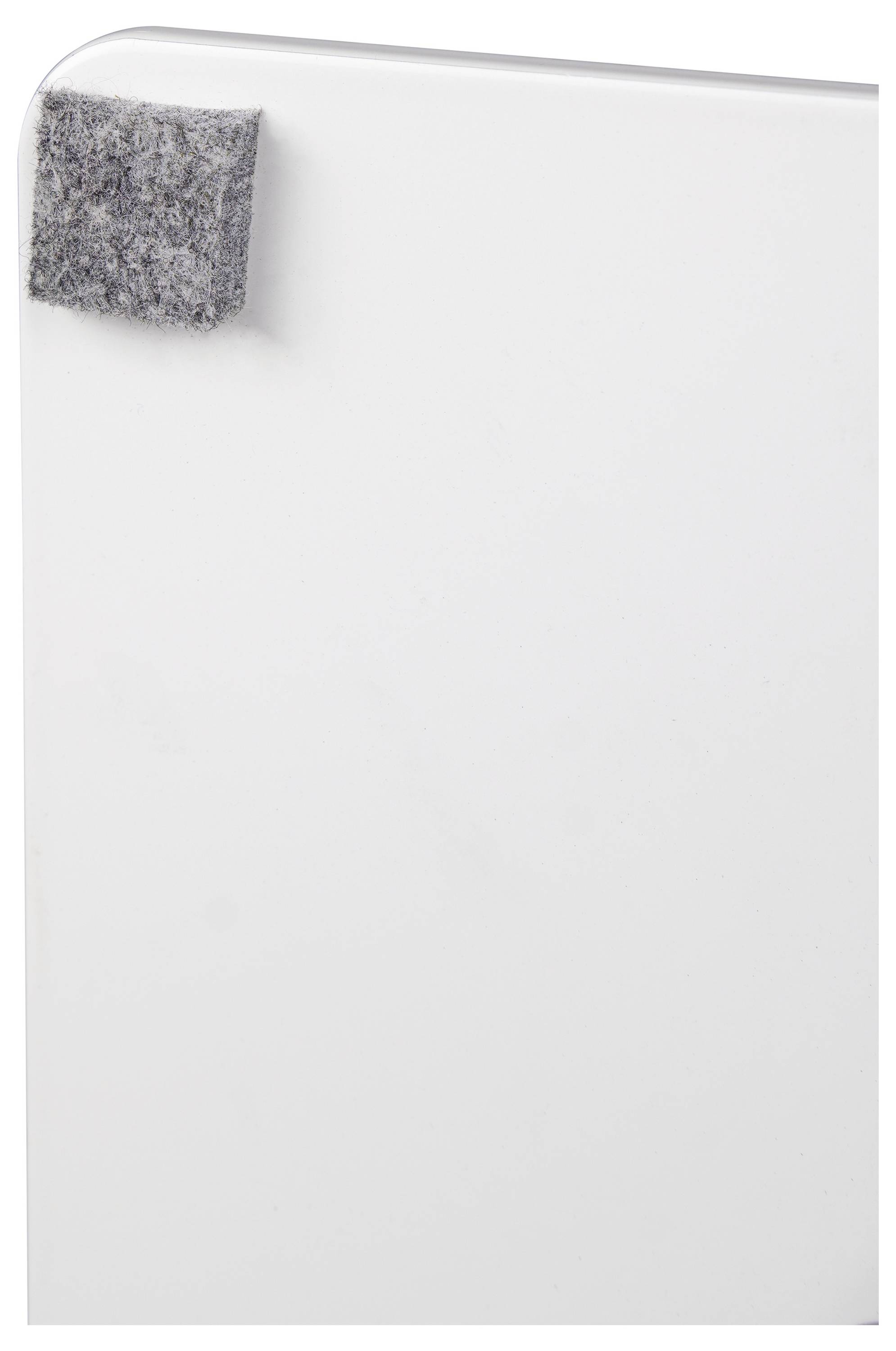 Whiteboard mit einem kleinen grauen Filzradierer-Magnet, der an der oberen linken Ecke befestigt ist