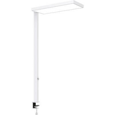 Weiße verstellbare Schreibtischlampe mit länglichem rechteckigem Kopf und Klemmfuß, isoliert auf einfachem Hintergrund dargestellt.
