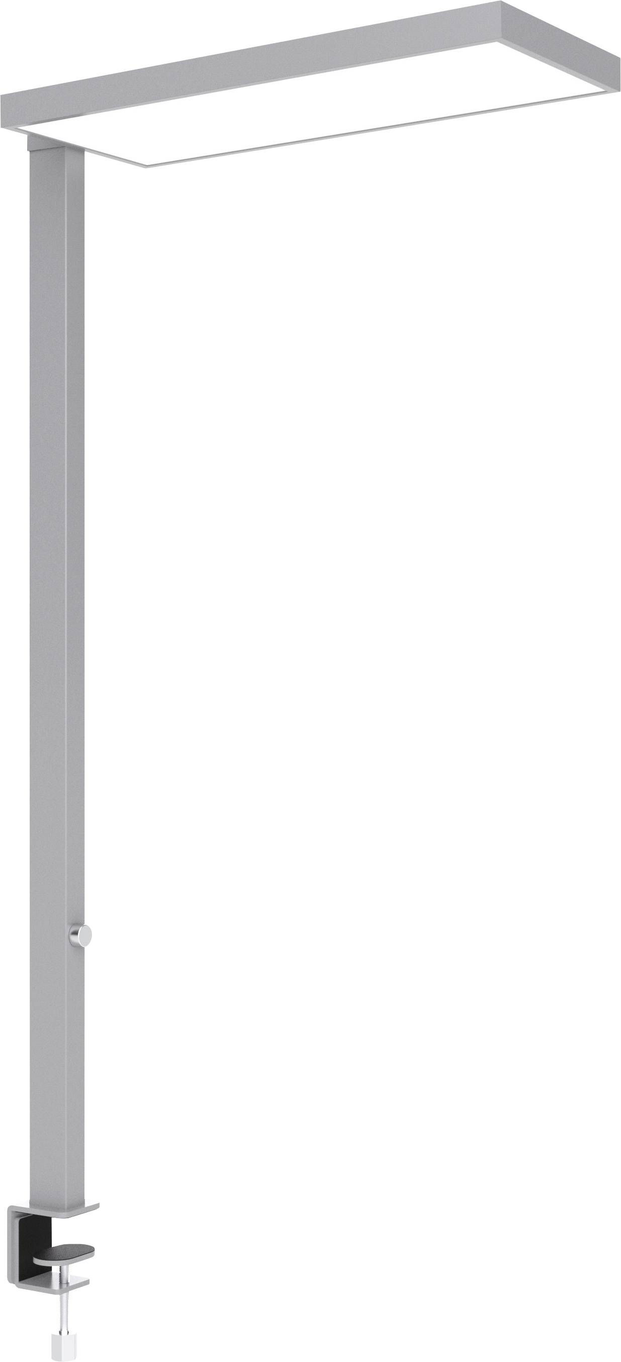 Moderne silberne verstellbare Schreibtischlampe mit Klemmfuß und langem rechteckigem Lampenkopf auf weißem Hintergrund