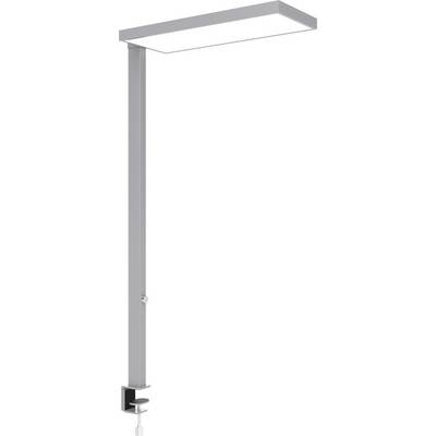 Moderne silberne verstellbare Schreibtischlampe mit Klemmfuß und langem rechteckigem Lampenkopf auf weißem Hintergrund