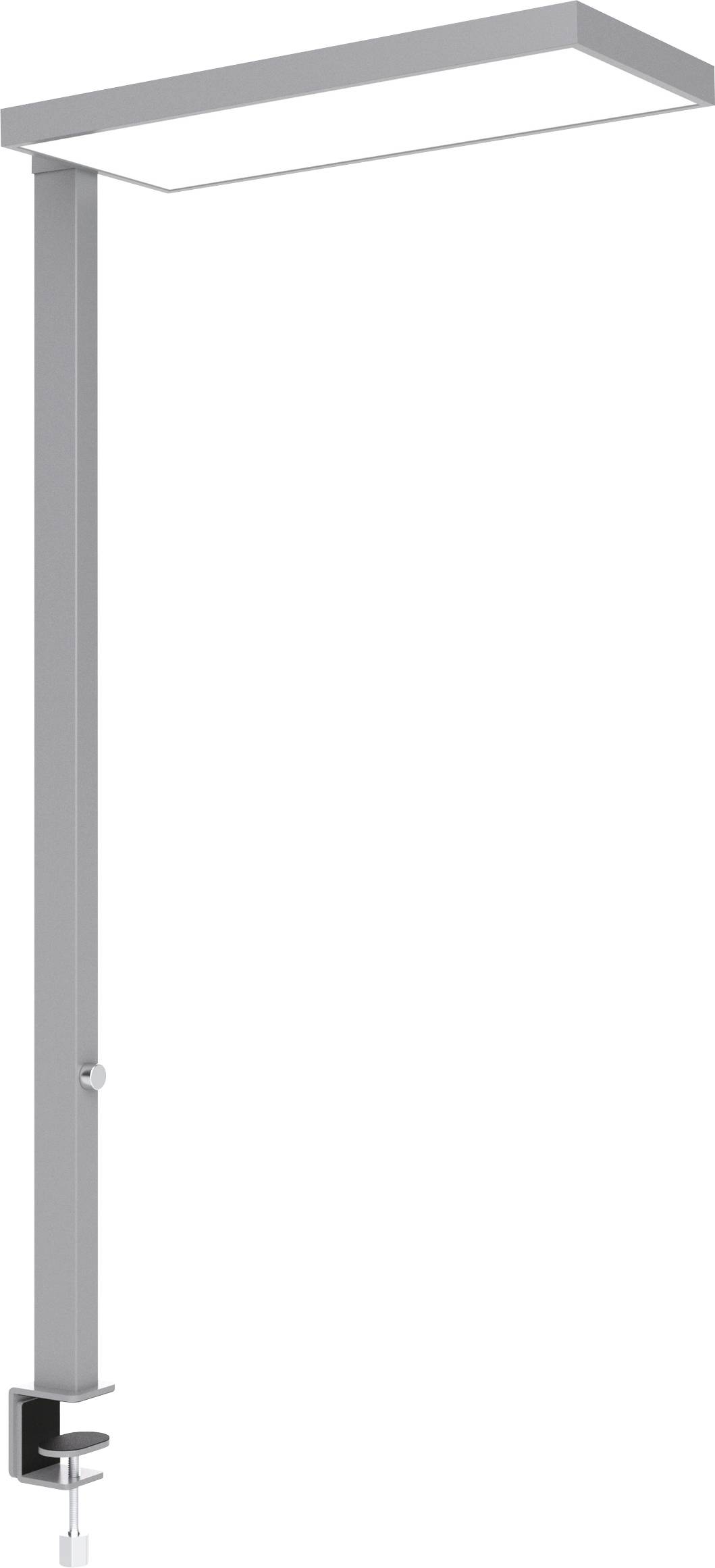 Weiße verstellbare Schreibtischlampe mit langem vertikalem Arm und rechteckigem Kopf auf einer Klemmfuß-Basis, gezeigt vor einem einfachen Hintergrund.