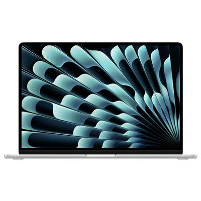 Ein aufgeklappter Laptop zeigt ein abstraktes türkis-schwarzes, fächerförmiges Design auf dem Bildschirm.