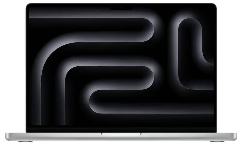 Offener Laptop mit schwarzem Bildschirm und abstraktem dunklem Linienmuster; nur Gehäuse und Display sichtbar.