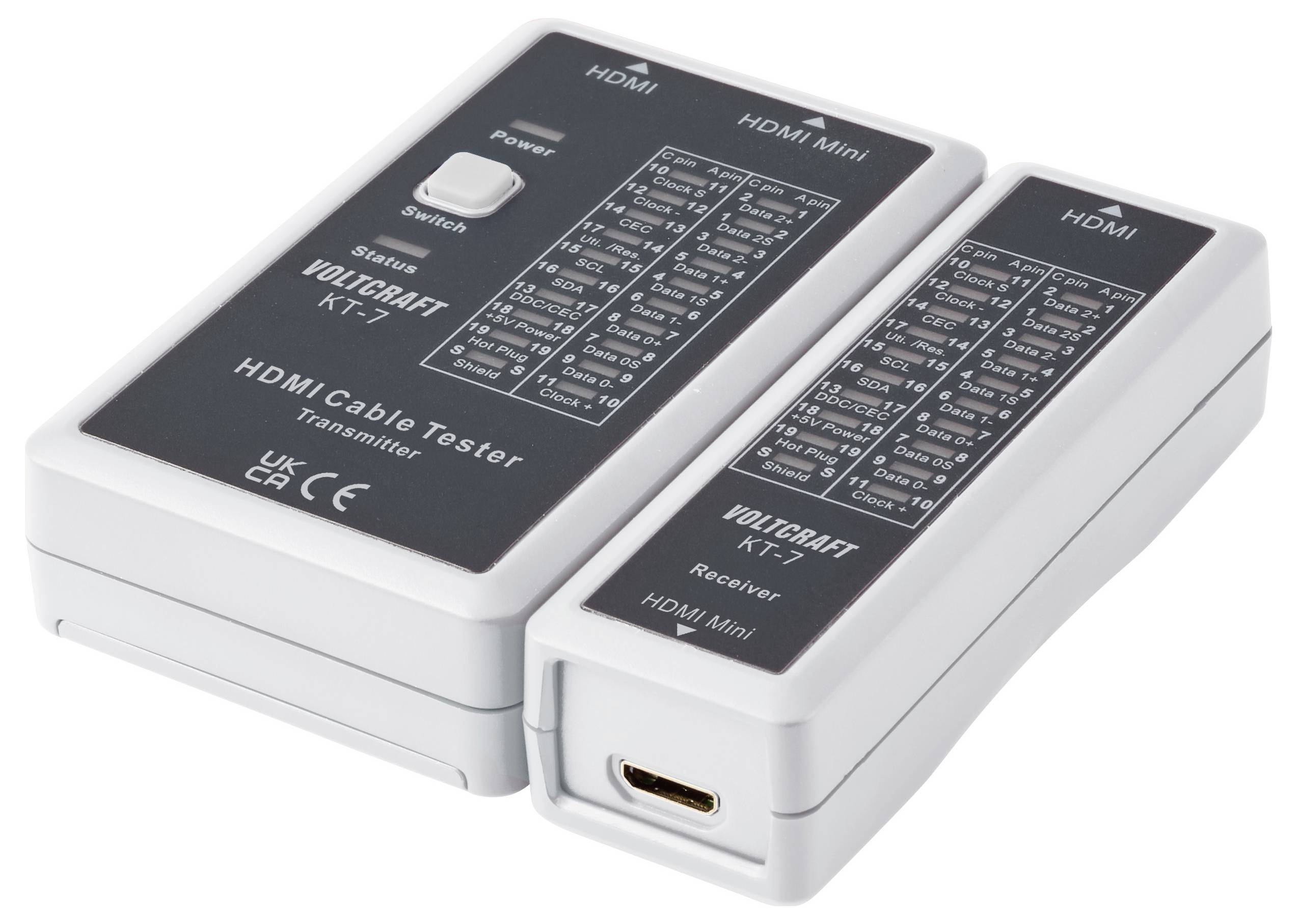 Zwei weiße HDMI-Mini-Kabel-Testgeräte mit den Bezeichnungen Sender und Empfänger, nebeneinander dargestellt mit Anzeigelichtern und Testdiagrammen.