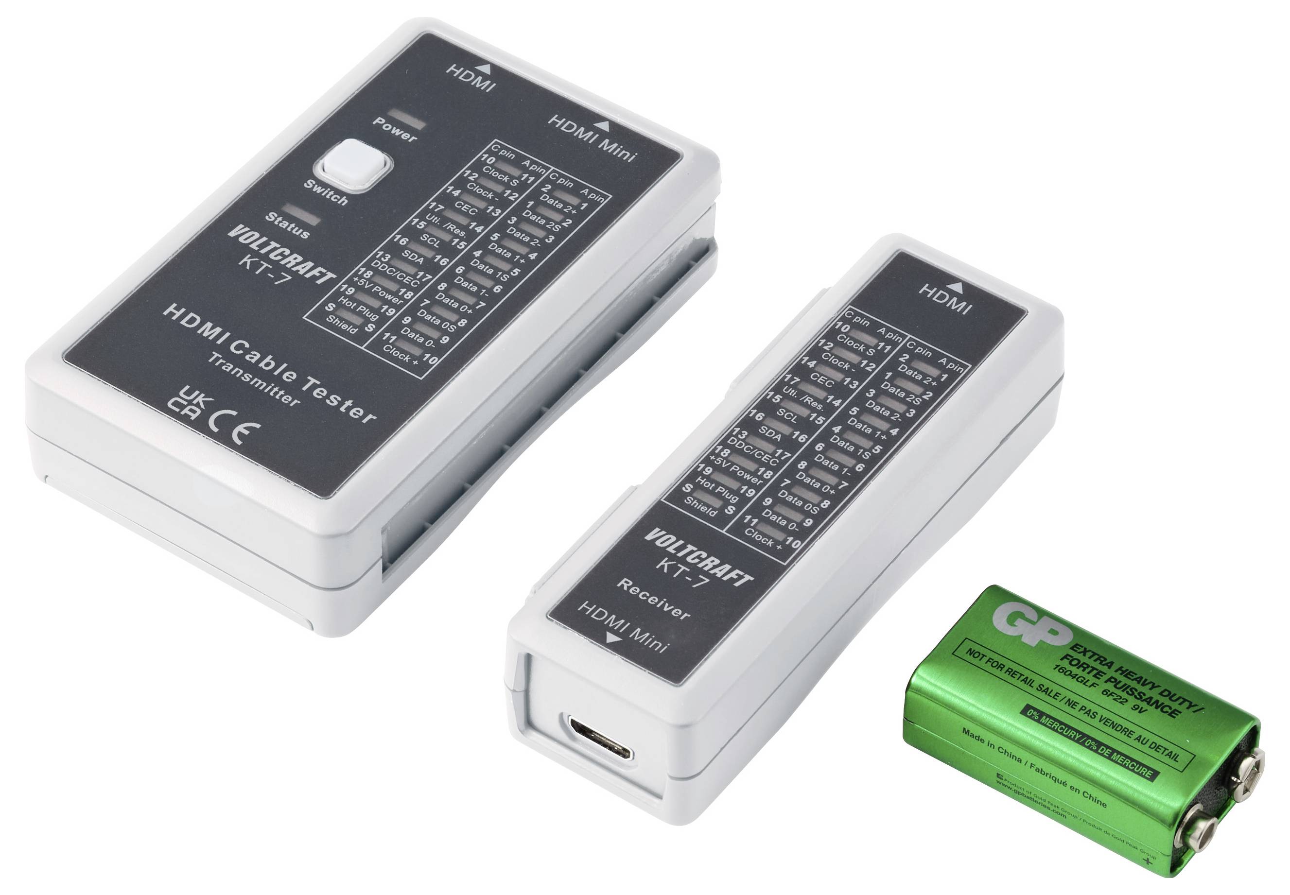 Zwei tragbare HDMI-Kabel-Testgeräte mit den Bezeichnungen Sender und Empfänger, dargestellt mit einer grünen 9-V-Batterie auf weißem Hintergrund.