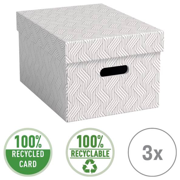 Bedruckte Papplagerschachtel mit Griffloch, darüber Abzeichen mit den Aufschriften „100% recycelter Karton", „100% recycelbar" und „3x".
