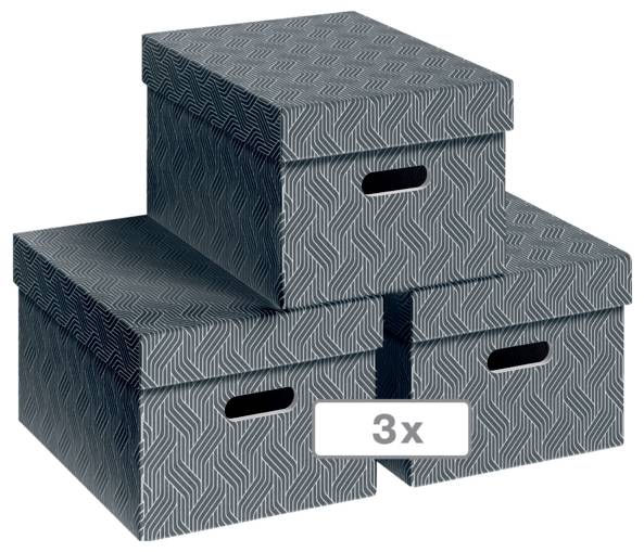 Drei gemusterte Lagerkisten übereinander gestapelt, mit einem Etikett, das "3x" zeigt.