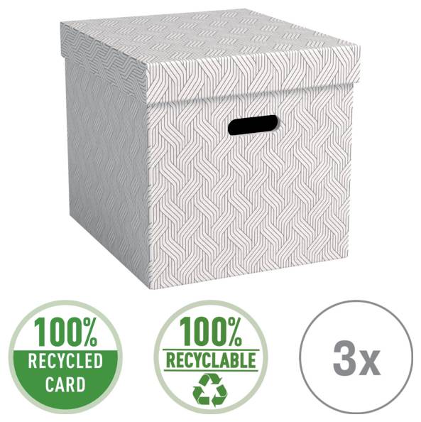 Gemusterte Aufbewahrungsbox mit Deckel und Griffausschnitt, gezeigt mit Abzeichen mit den Aufschriften „100% recycelter Karton", „100% recycelbar" und „3x".