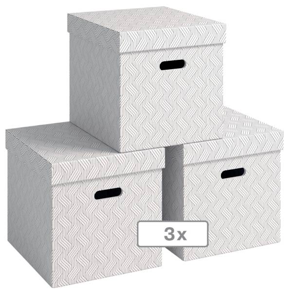 Drei gemusterte Aufbewahrungsboxen gestapelt, mit einem „3x"-Label, das ein Set aus drei Stück anzeigt.