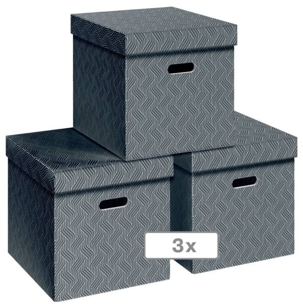 Drei gemusterte graue Aufbewahrungsboxen mit Deckeln, in einer Pyramide gestapelt, gekennzeichnet mit „3x".