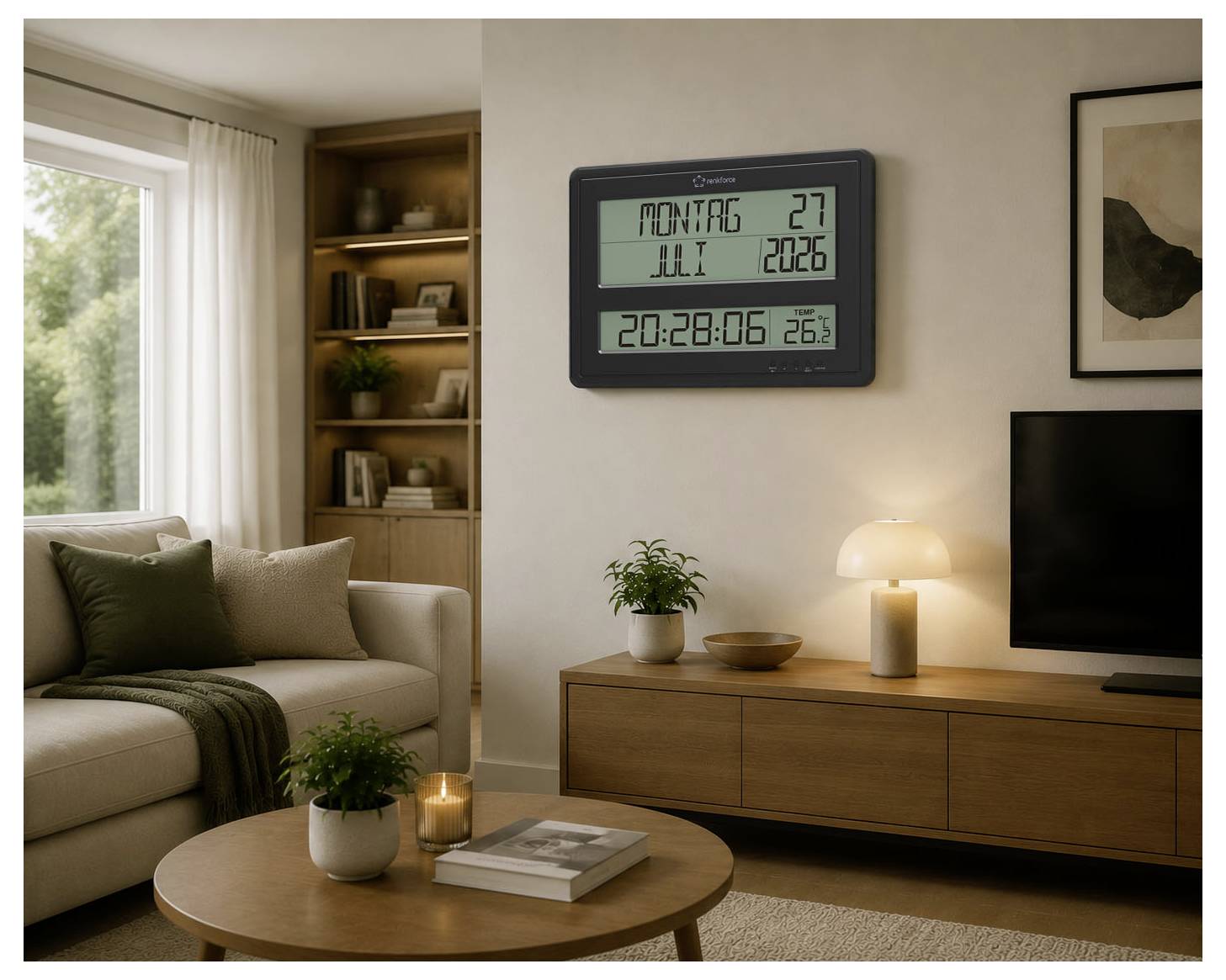 An der Wand montierte digitale Uhr zeigt Montag, 27. Jul 2026, 20:28:06 und 26,3°C in einem gemütlichen Wohnzimmer.