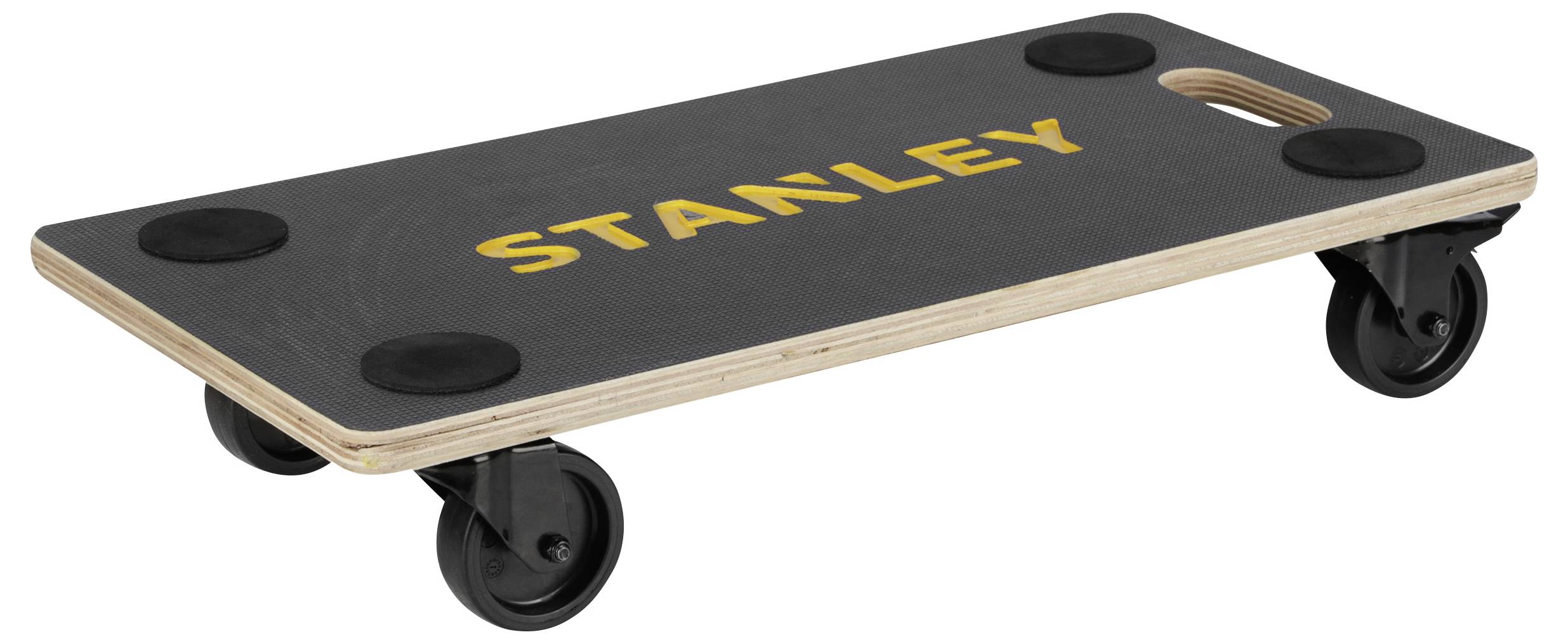 Ein niedriges Holz-Skateboard-ähnliches Transportfahrzeug mit vier schwarzen Rollen und der Aufschrift „STANLEY" auf der Oberseite.