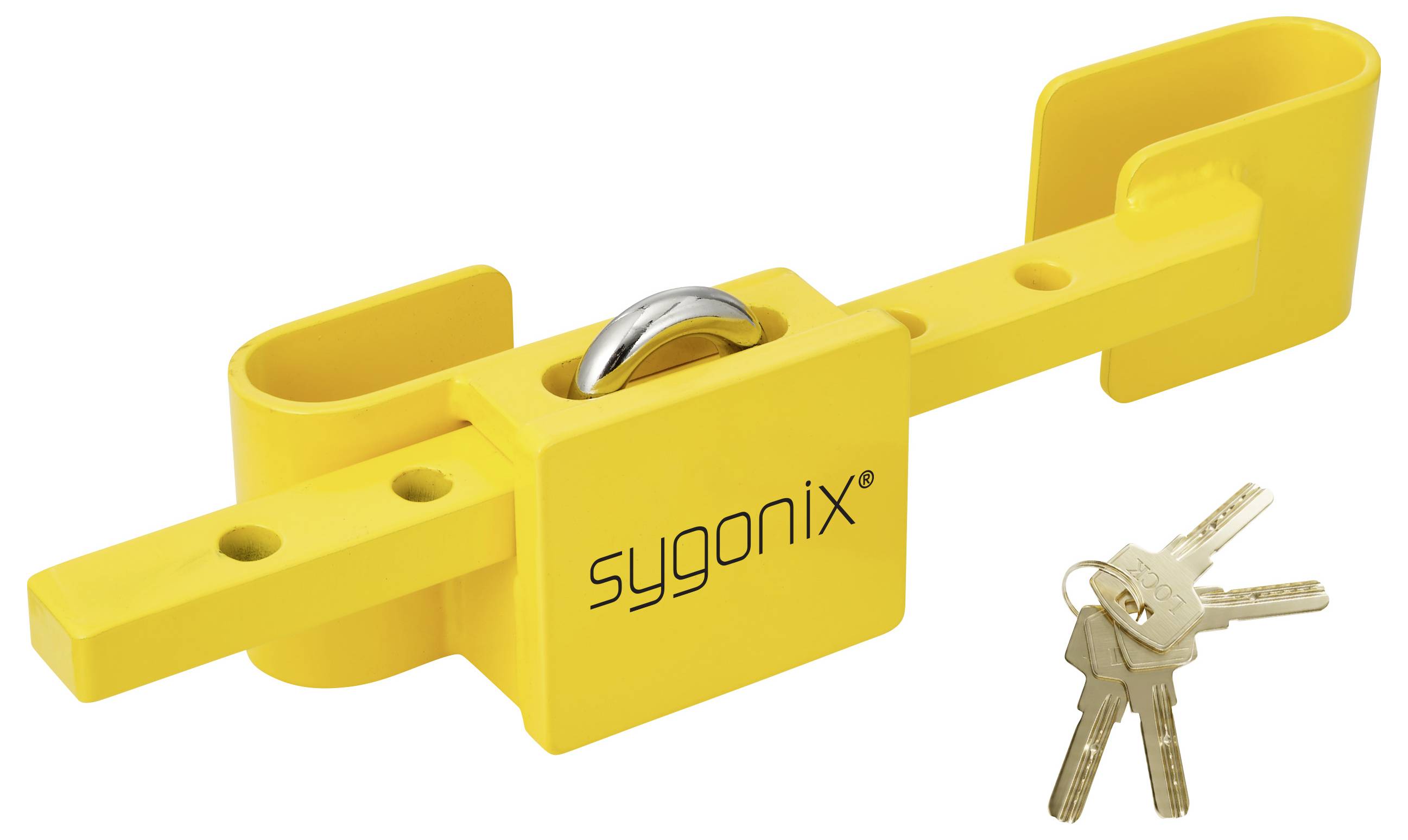Gelbes Sygonix Fensterverriegelung mit integriertem Griff, gezeigt mit drei Schlüsseln.