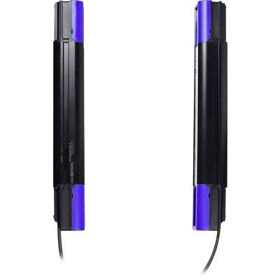 Zwei schwarze und blaue rechteckige Geräte, vertikal nebeneinander montiert, jeweils mit einem Kabel, das unten austritt, auf weißem Hintergrund.