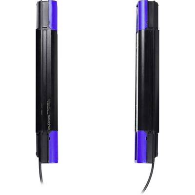 Zwei vertikal aufgestellte schwarz-blaue elektronische Geräte, die sich gegenseitig gegenüberstehen, jedes mit einem Kabel, das von unten herunterhängt, auf weißem Hintergrund.