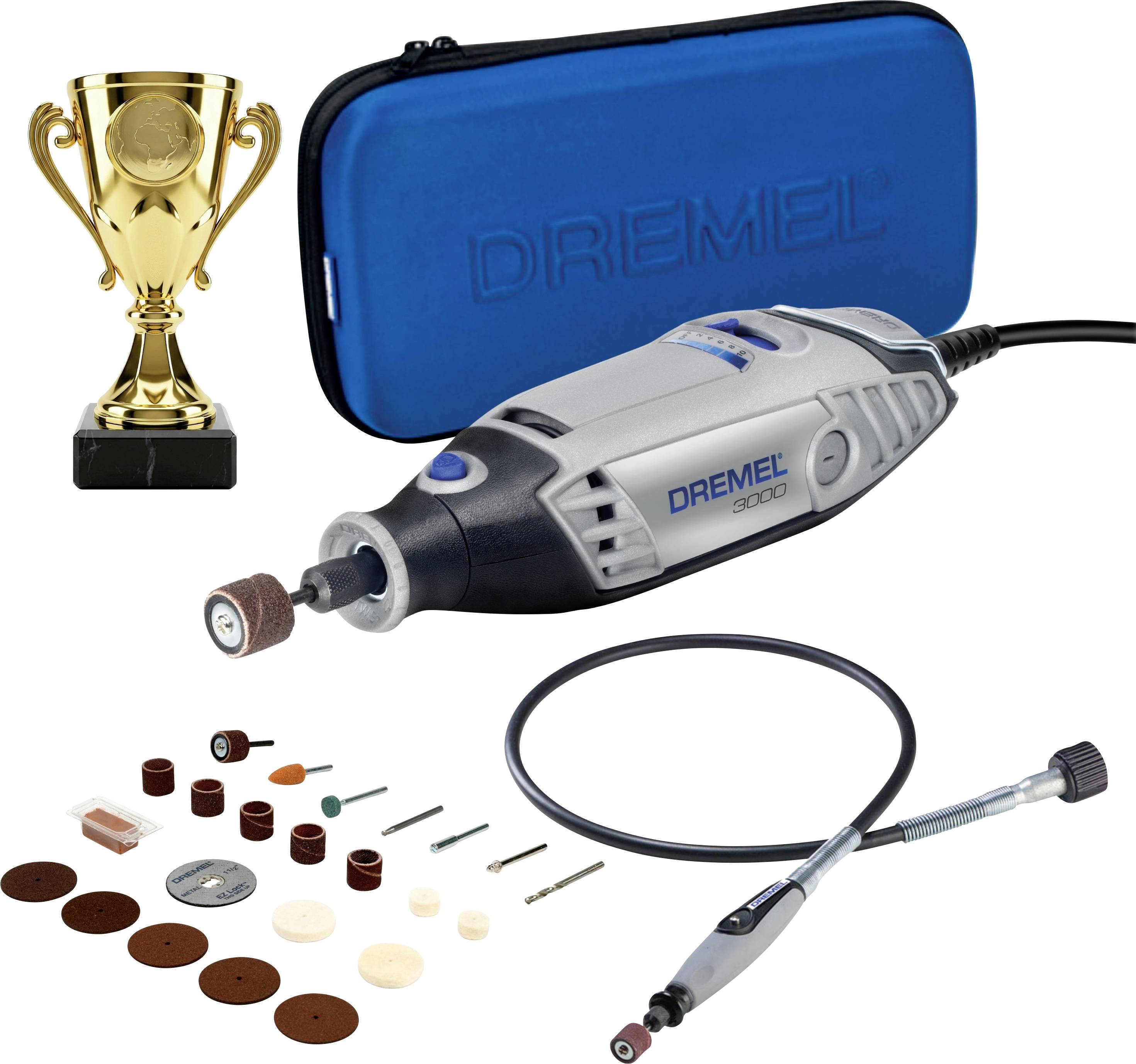 Dremel 3000 Rotationswerkzeug-Set mit blauem Transportkoffer, Trophy-Symbol, flexibler Welle und assortiertem Schleif-, Schleif- und Polierbits und Scheiben.
