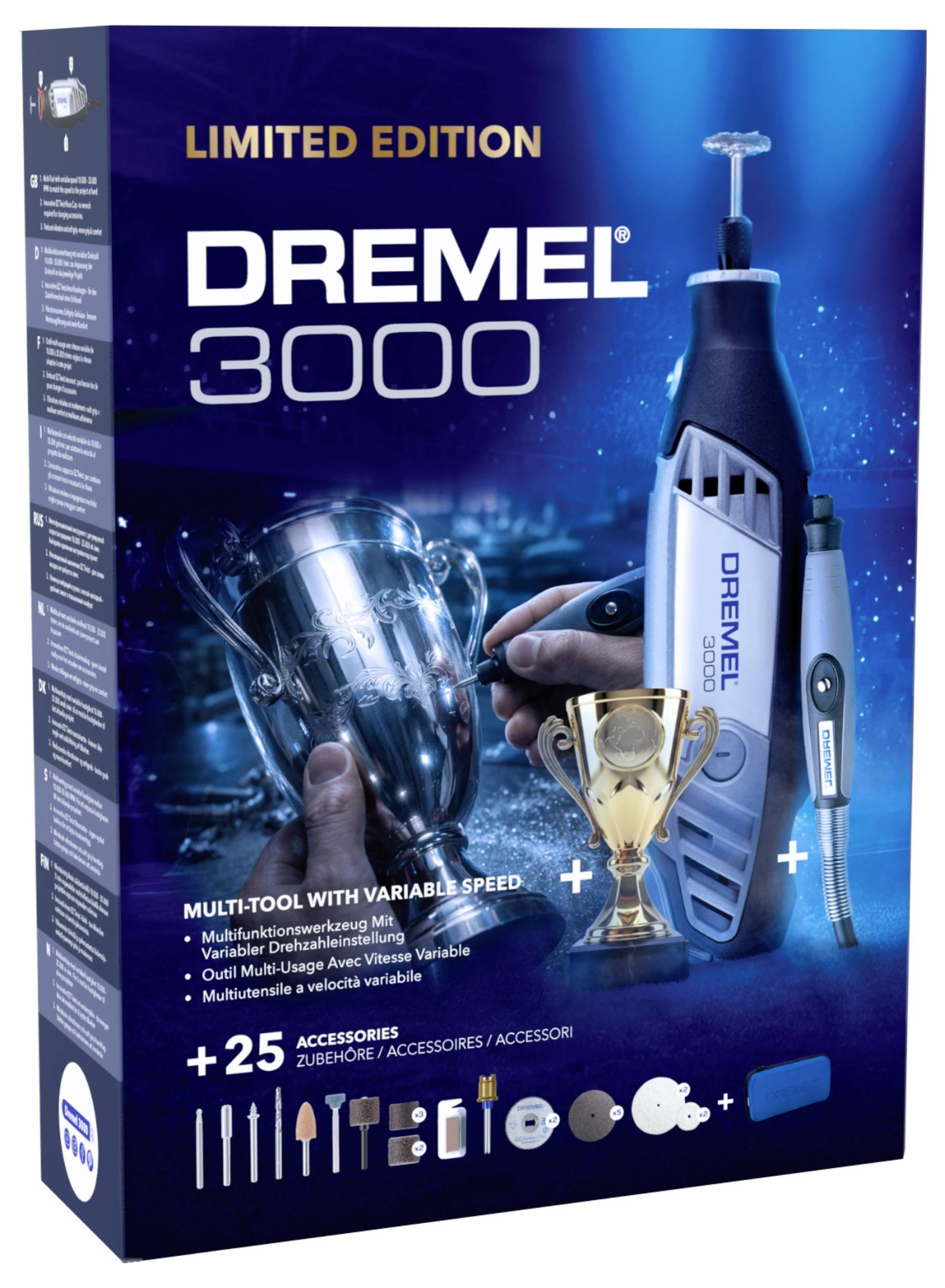 Karton für Dremel 3000 Limited Edition Rotationswerkzeug, zeigt das Werkzeug, Zubehör und eine kleine Pokalgrafik auf blauem Hintergrund.