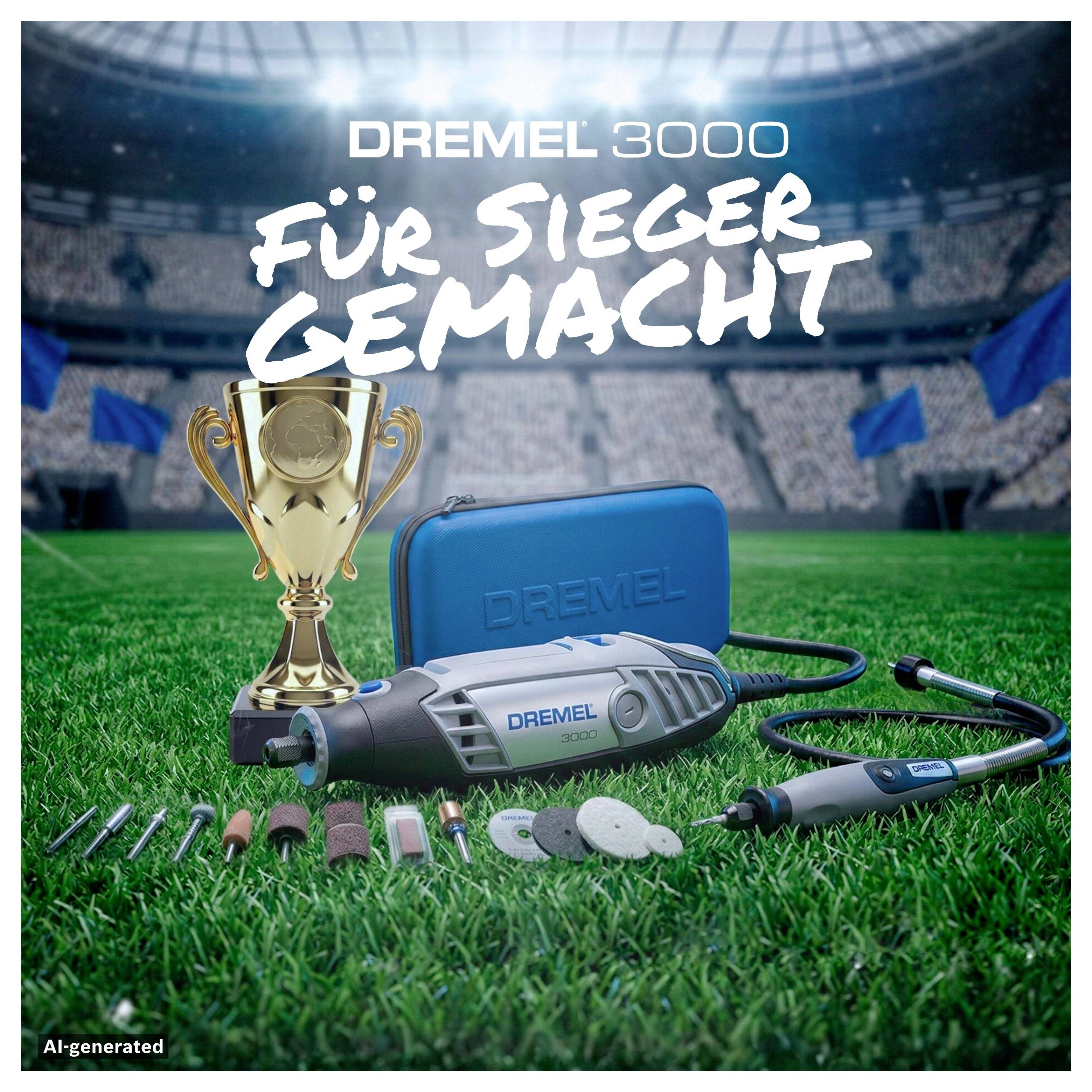 Dremel 3000 Elektroschleiferkit mit Koffer, Zubehör und Pokal auf Fußballplatz-Hintergrund; Anzeigentext lautet „FÜR SIEGER GEMACHT" und „DREMEL 3000".
