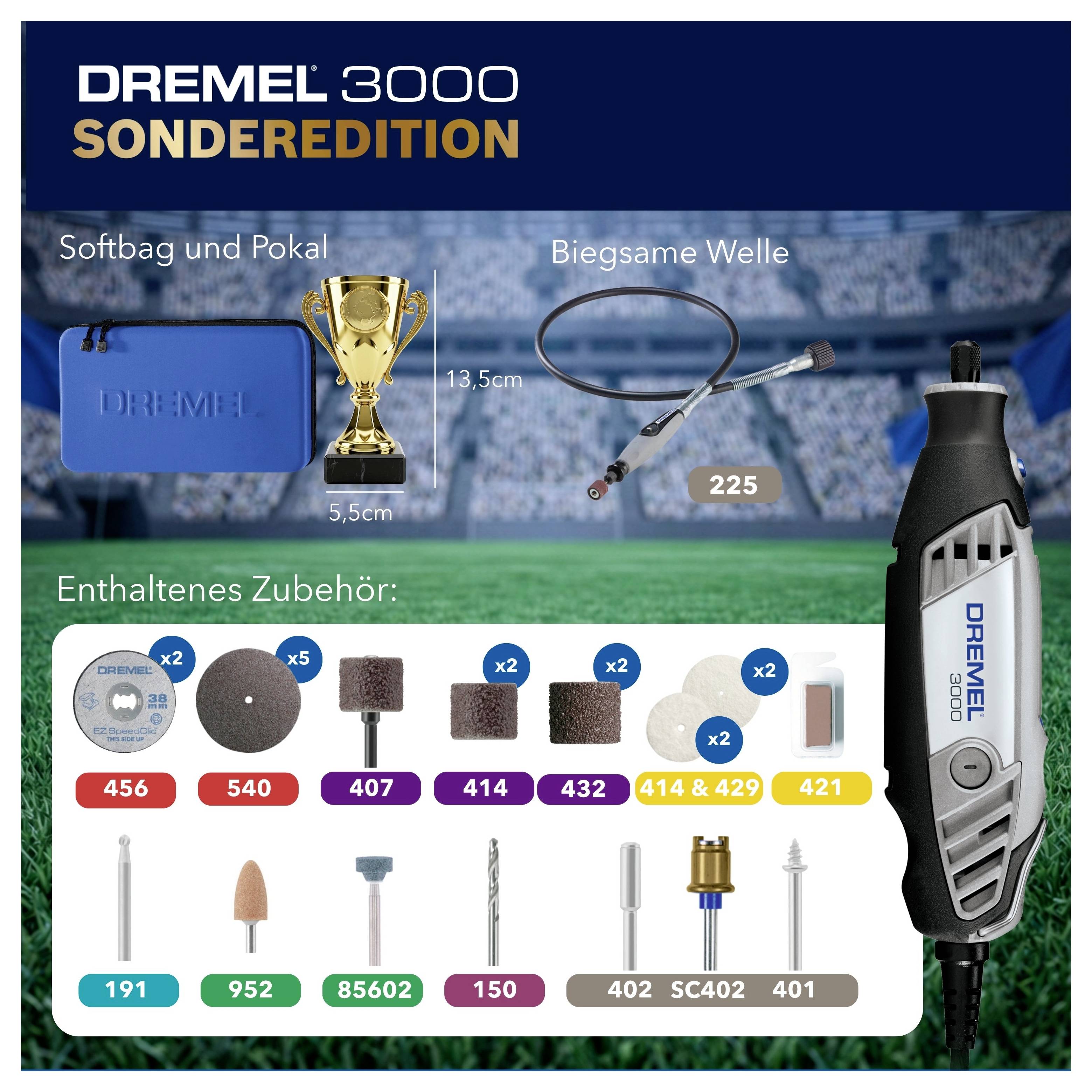 Werbebild für "Dremel 3000 Sonderedition" mit dem Werkzeug, Weichbeutel, Becher, flexiblere Welle und enthaltenes Zubehör mit Artikelnummern und Mengen.