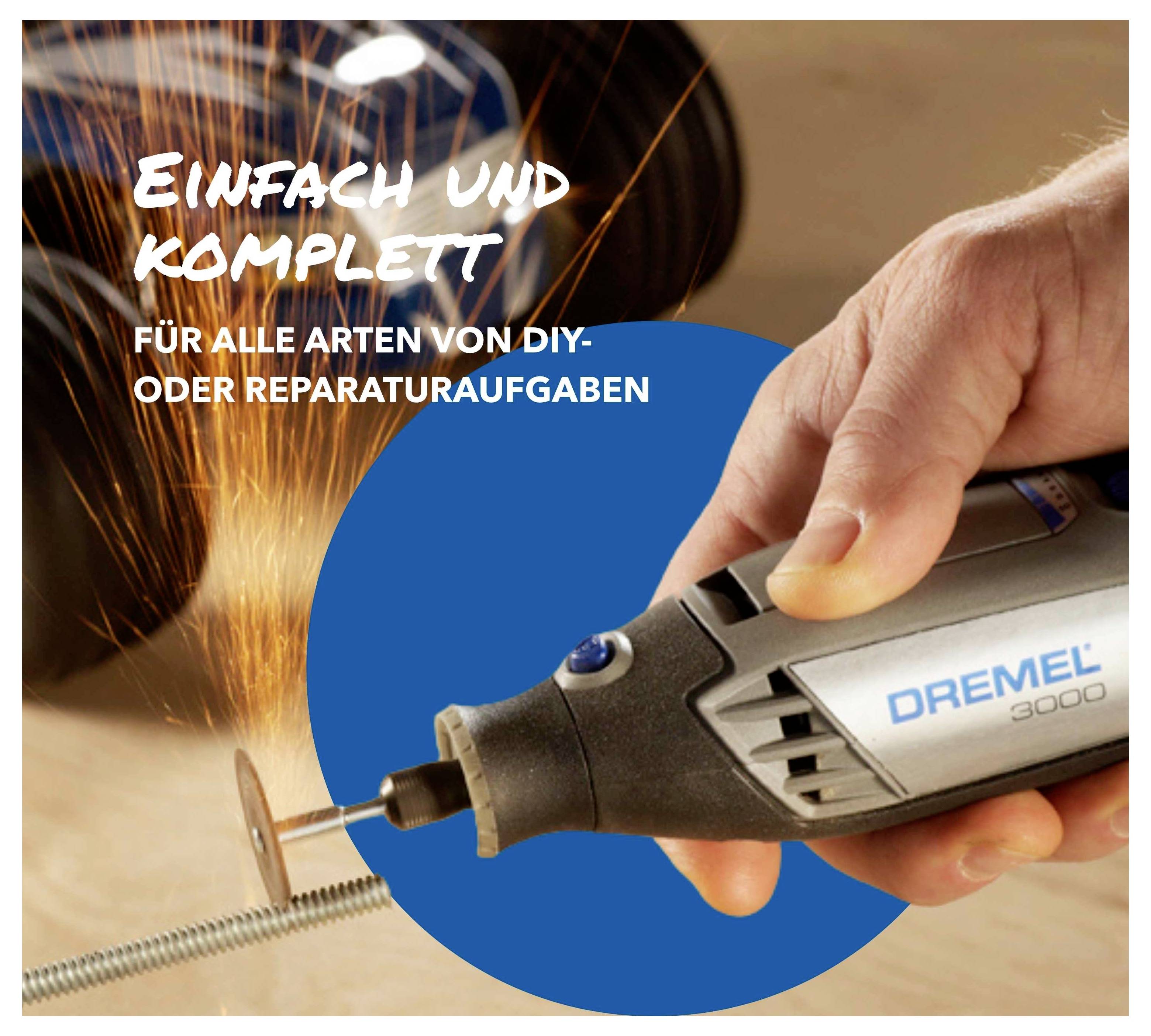 Hand hält ein Dremel 3000 Elektroschleifergerät, das eine Schraube abschleift, mit Funken und deutschem Text: 'EINFACH UND KOMPLETT' und 'FÜR ALLE ARTEN VON DIY- ODER REPARATURAUFGABEN'