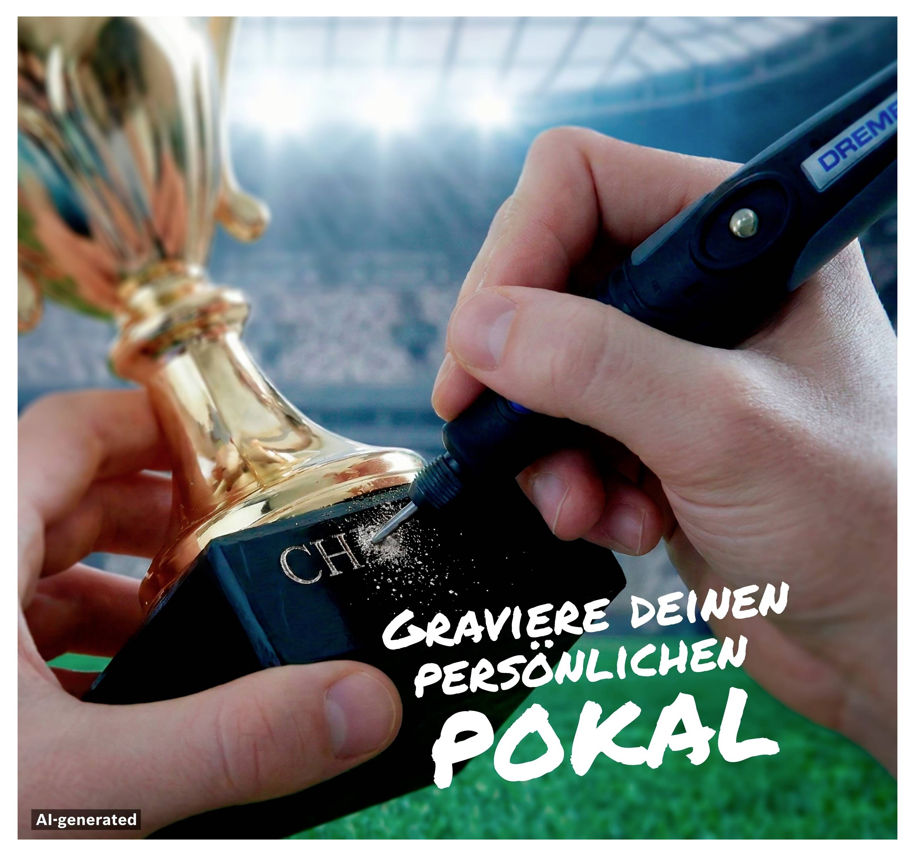 Hände gravieren eine Pokal-Plakette mit einem Dremel-Werkzeug; der Text sagt „Graviere deinen persönlichen Pokal" auf einem KI-generierten Bild.