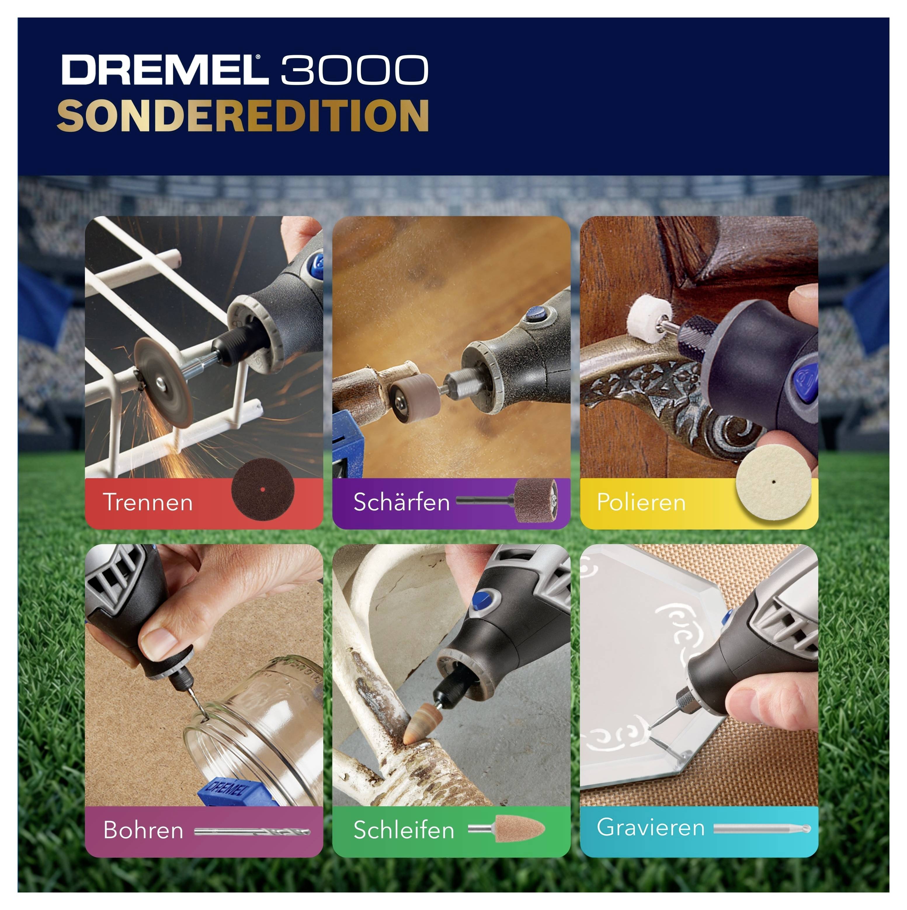 Dremel 3000 Spezialedition Werbung zeigt sechs Werkzeuganwendungen: Schneiden, Schärfen, Polieren, Bohren, Schleifen und Gravieren.