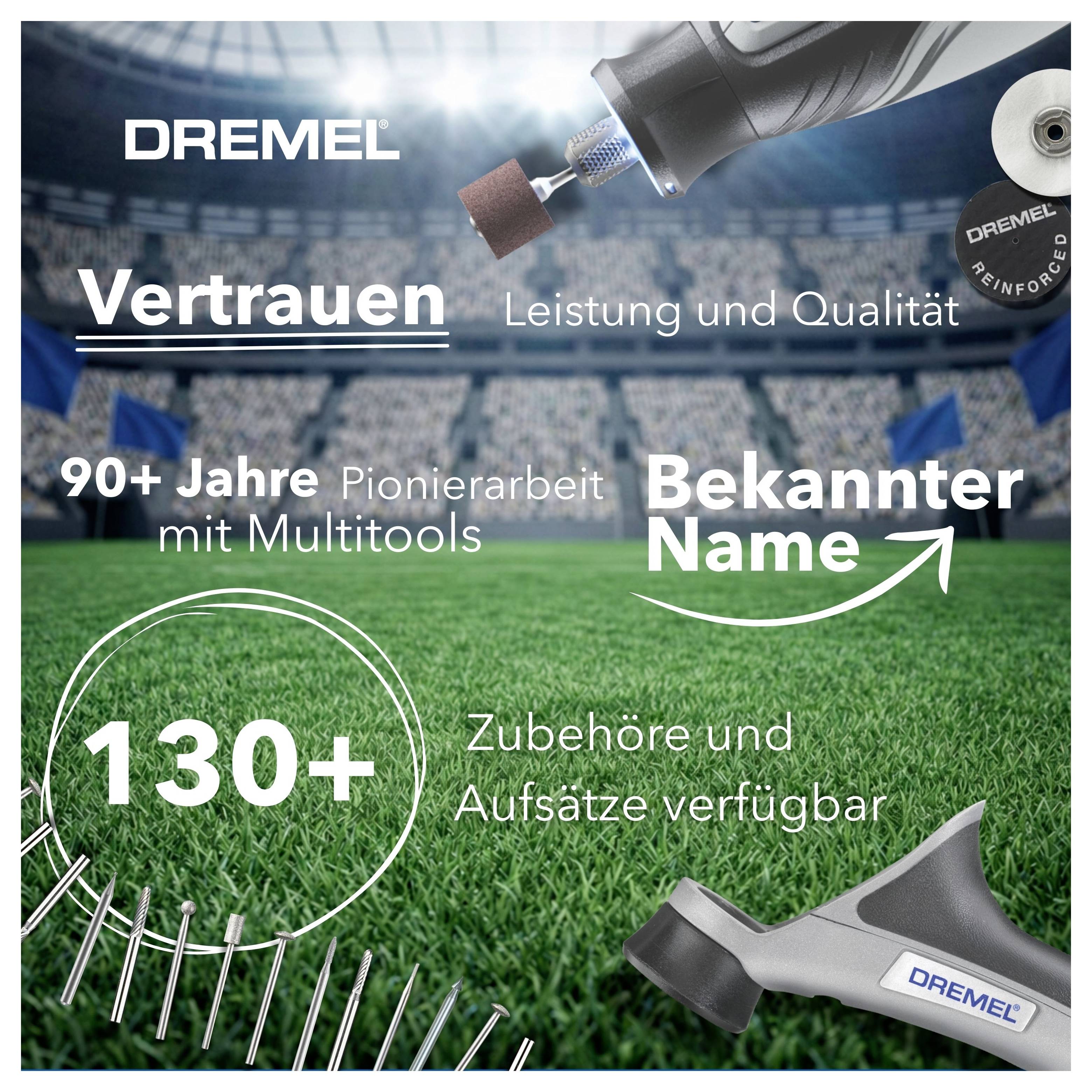 # Dremel-Werbegrafik in einem Stadion-Setting mit Werkzeugbildern und deutschem Marketing-Text: 'Vertrauen', 'Leistung und Qualität', '90+ Jahre Pionierarbeit mit Multitools', 'Bekannter Name', '130+', und 'Zubehör und Aufsätze verfügbar'.