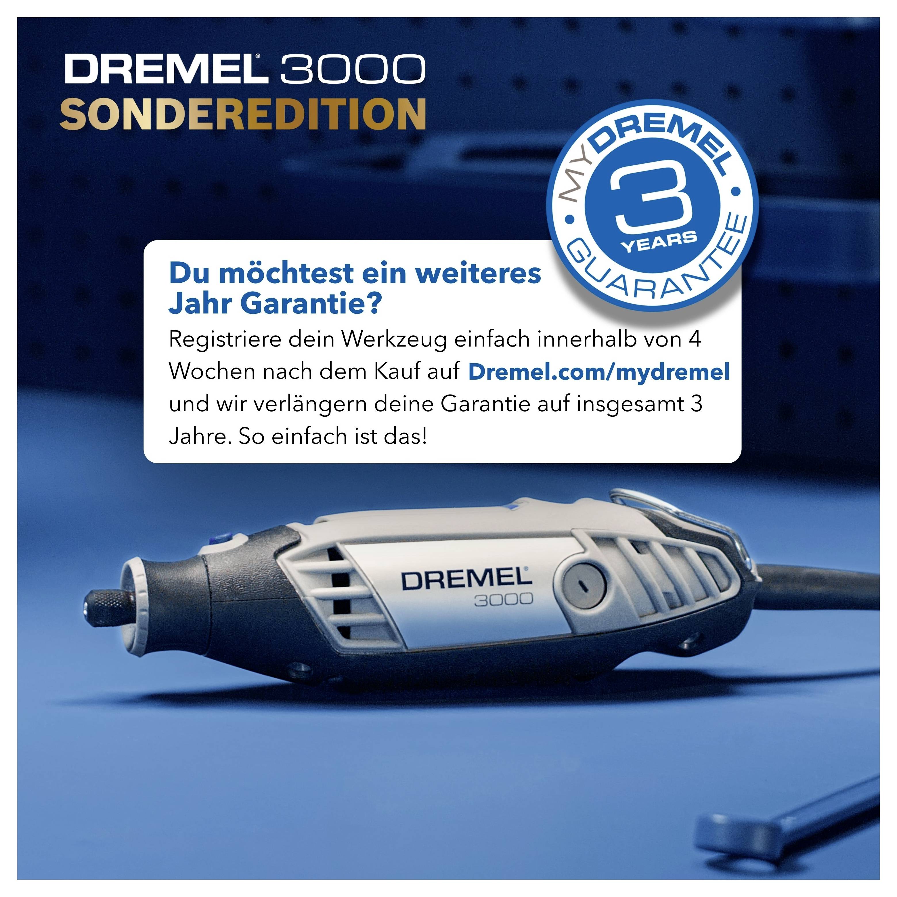Dremel 3000 Sonderedition Anzeige mit Elektrowerkzeug und Abzeichen für '3 Jahre' Garantie; bietet ein zusätzliches Jahr durch Registrierung auf Dremel.com/mydremel innerhalb von 4 Wochen nach dem Kauf.