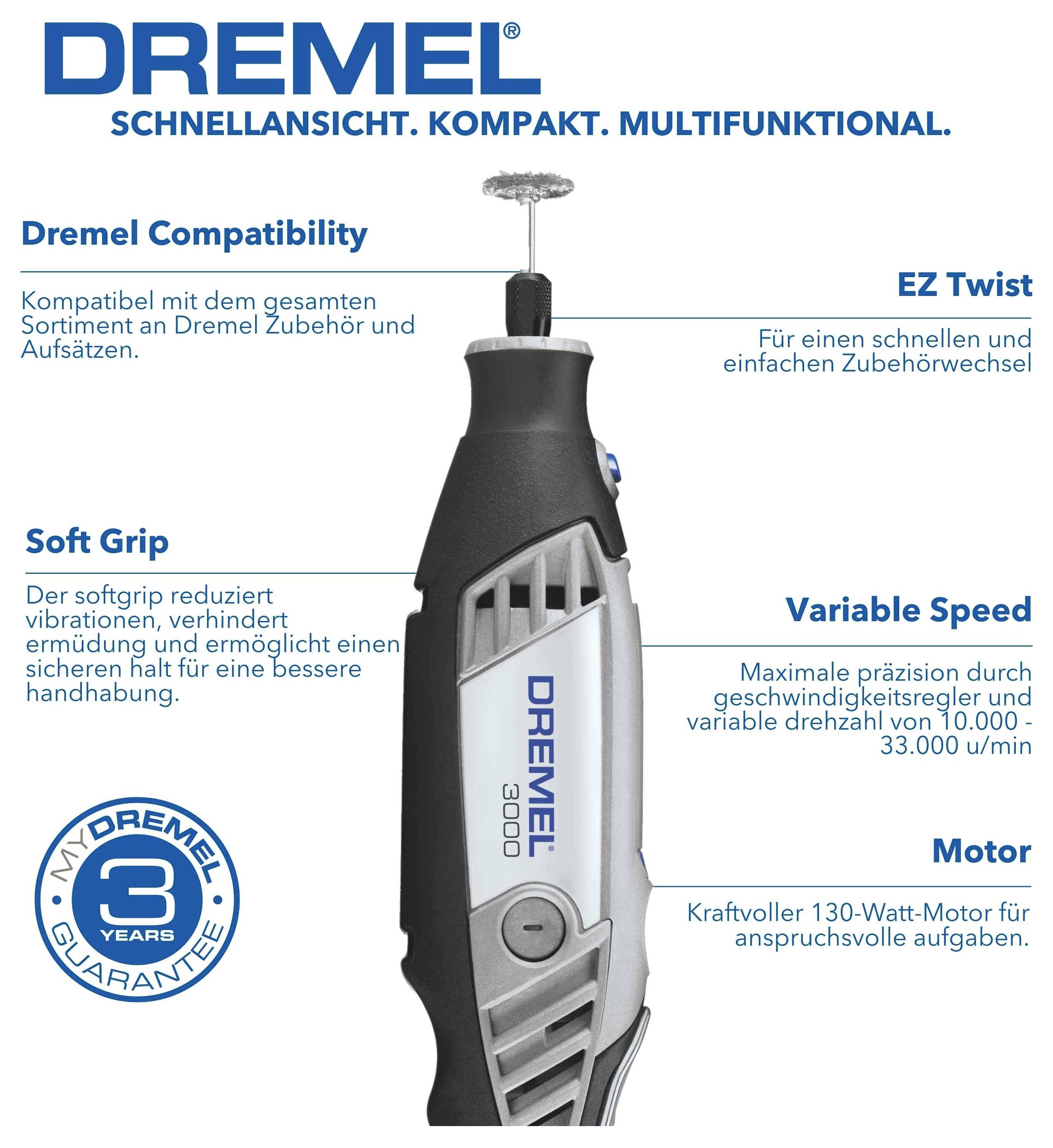 Werbegrafik eines Dremel 3000 Elektroschleifers mit Hervorhebung der Dremel-Kompatibilität, rutschfestem Griff, EZ Twist, variabler Geschwindigkeit und 130-Watt-Motor.