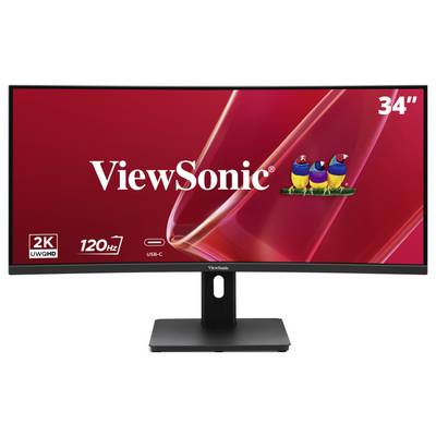 ViewSonic 34-Zoll-Ultrawide-Monitor auf einem Ständer, der einen roten Promotionsbildschirm mit den Symbolen „2K UWQHD", „120Hz" und USB-C anzeigt.