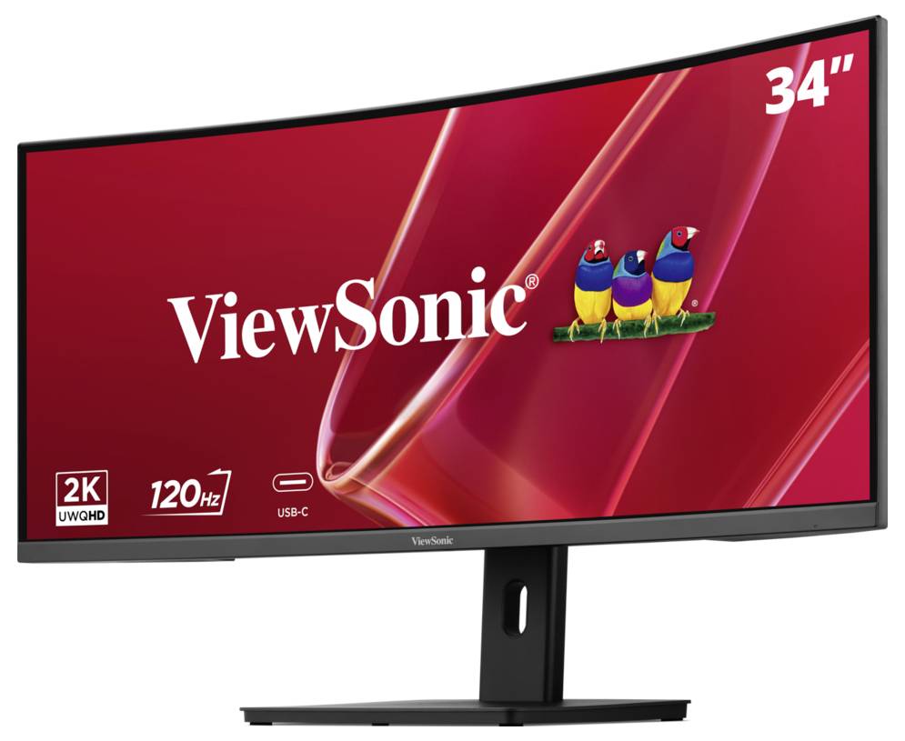 ViewSonic 34-Zoll-Curved-Monitor mit 2K UWQHD, 120Hz und USB-C-Funktionen auf rotem Displayhintergrund.
