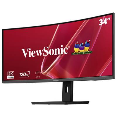 ViewSonic 34-Zoll-Curved-Monitor mit 2K UWQHD, 120Hz und USB-C-Funktionen auf rotem Displayhintergrund.