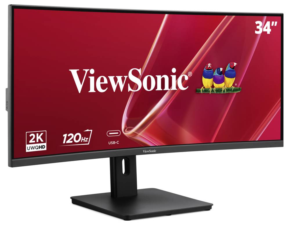ViewSonic 34-Zoll-Curved-Monitor auf Ständer mit 2K UWQHD, 120 Hz und USB-C-Funktionen auf rotem Bildschirm mit ViewSonic-Logo und Vögeln.
